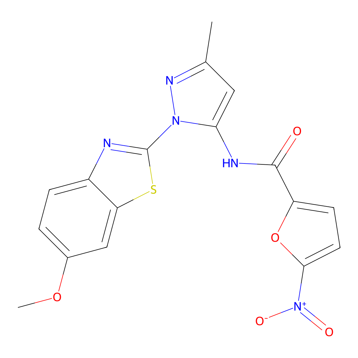 N-(1-(6-methoxybenzo[d]thiazol-2-yl)-3-methyl-1H-pyrazol-5-yl)-5-nitrofuran-2-carboxamide molecular structure, CAS 1171376-23-0