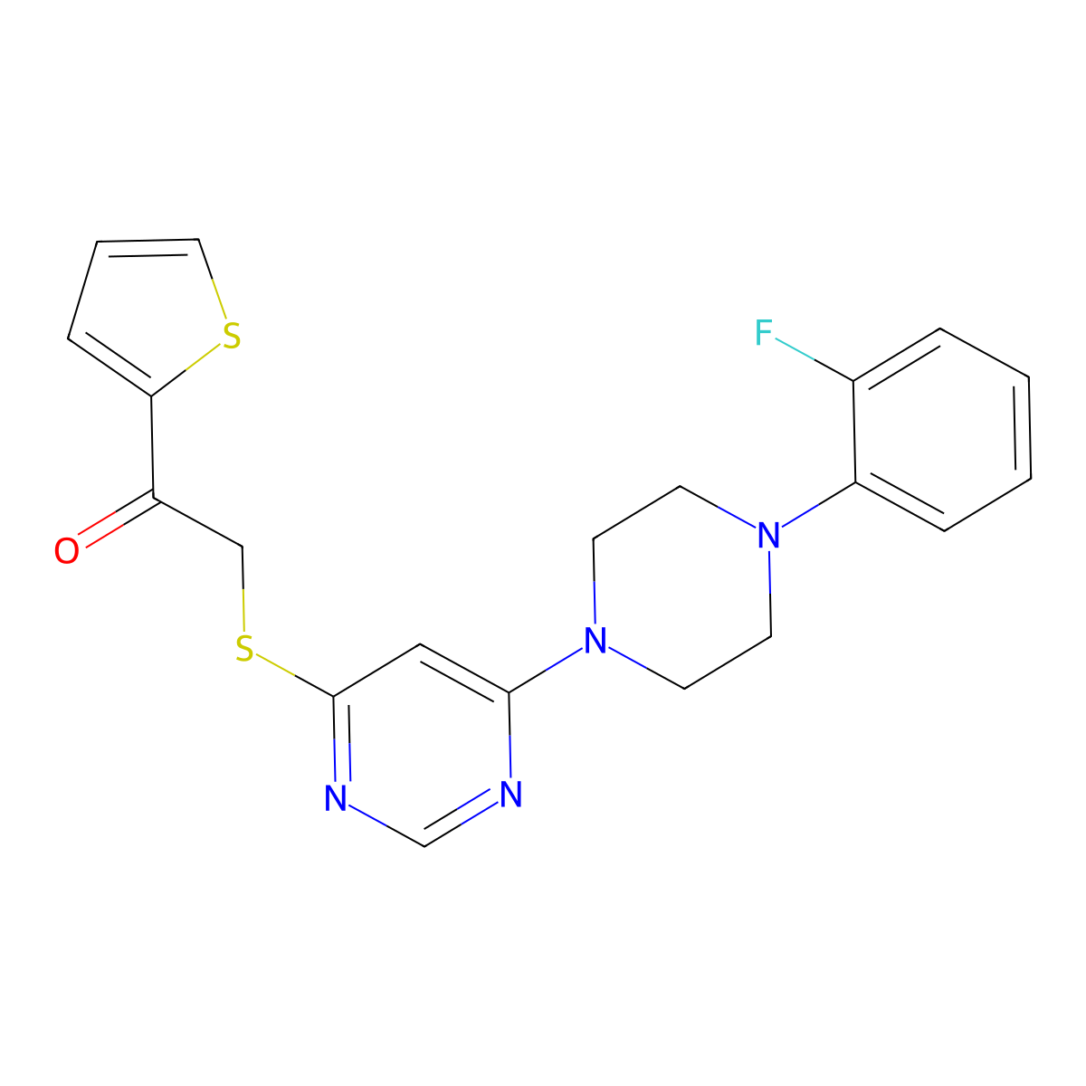 2-((6-(4-(2-Fluorophenyl)piperazin-1-yl)pyrimidin-4-yl)thio)-1-(thiophen-2-yl)ethanone molecular structure, CAS 1171377-21-1
