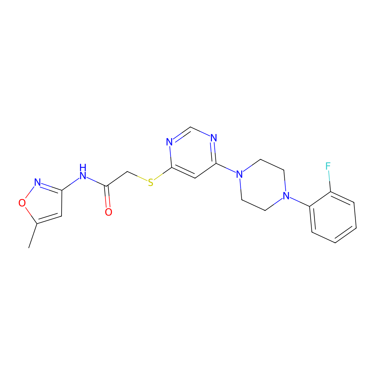 2-((6-(4-(2-fluorophenyl)piperazin-1-yl)pyrimidin-4-yl)thio)-N-(5-methylisoxazol-3-yl)acetamide molecular structure, CAS 1171377-59-5