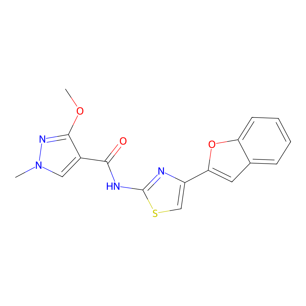 N-(4-(benzofuran-2-yl)thiazol-2-yl)-3-methoxy-1-methyl-1H-pyrazole-4-carboxamide molecular structure, CAS 1171378-62-3