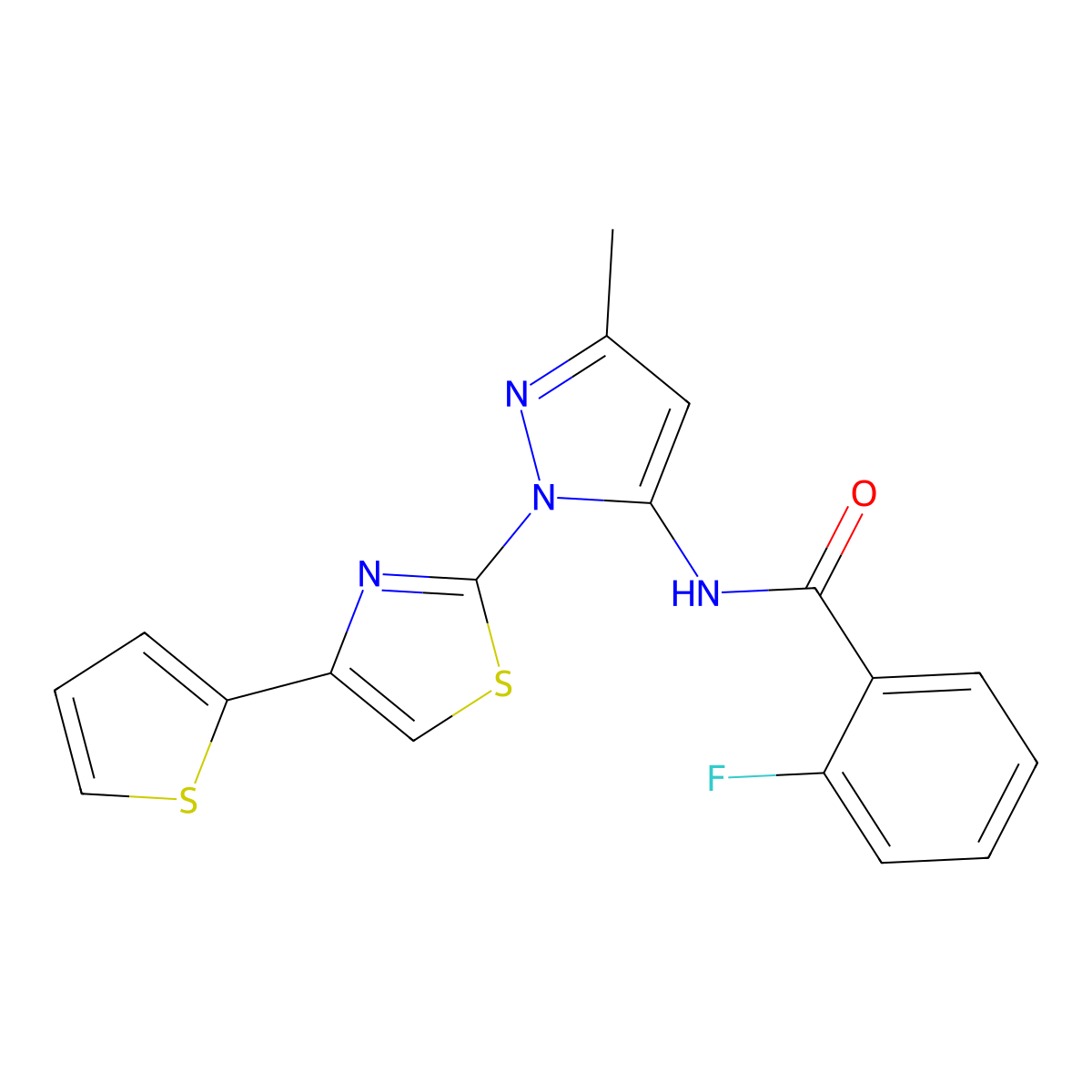 2-fluoro-N-(3-methyl-1-(4-(thiophen-2-yl)thiazol-2-yl)-1H-pyrazol-5-yl)benzamide molecular structure, CAS 1171379-07-9