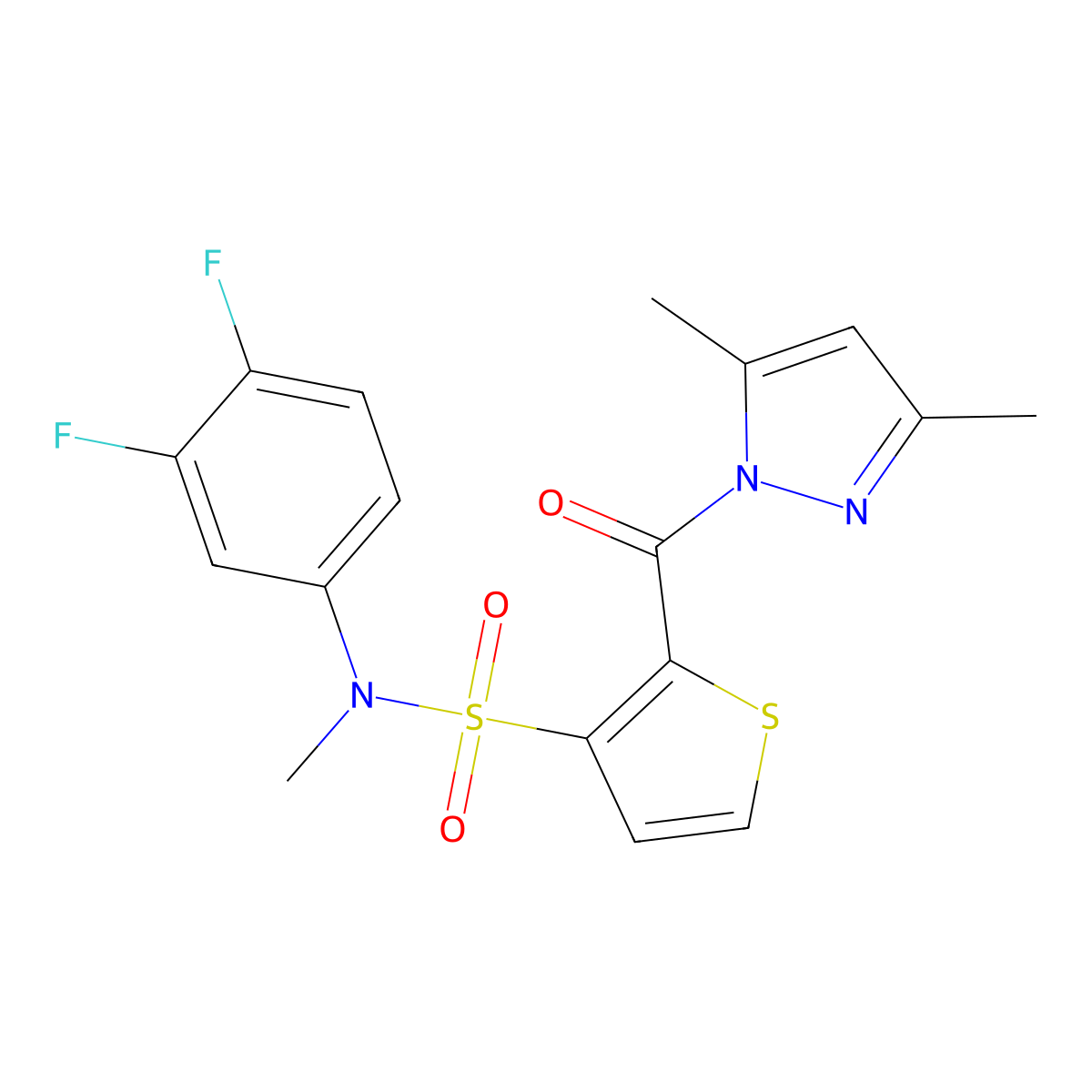 N-(3,4-difluorophenyl)-2-(3,5-dimethyl-1H-pyrazole-1-carbonyl)-N-methylthiophene-3-sulfonamide molecular structure, CAS 1171382-70-9
