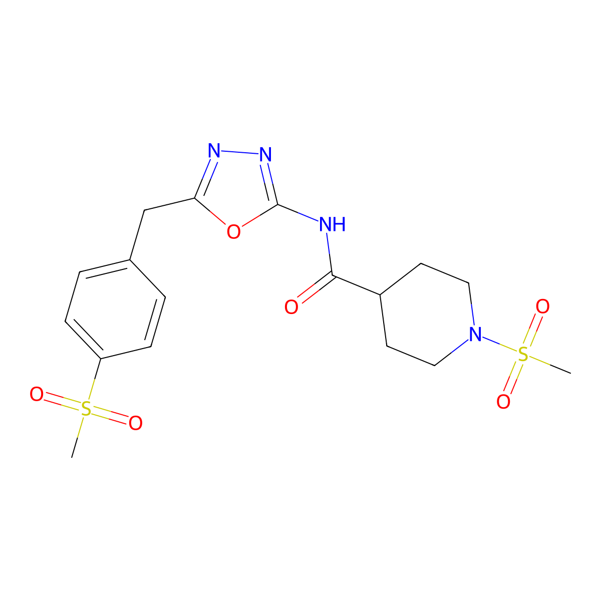 1-(methylsulfonyl)-N-(5-(4-(methylsulfonyl)benzyl)-1,3,4-oxadiazol-2-yl)piperidine-4-carboxamide molecular structure, CAS 1171382-77-6