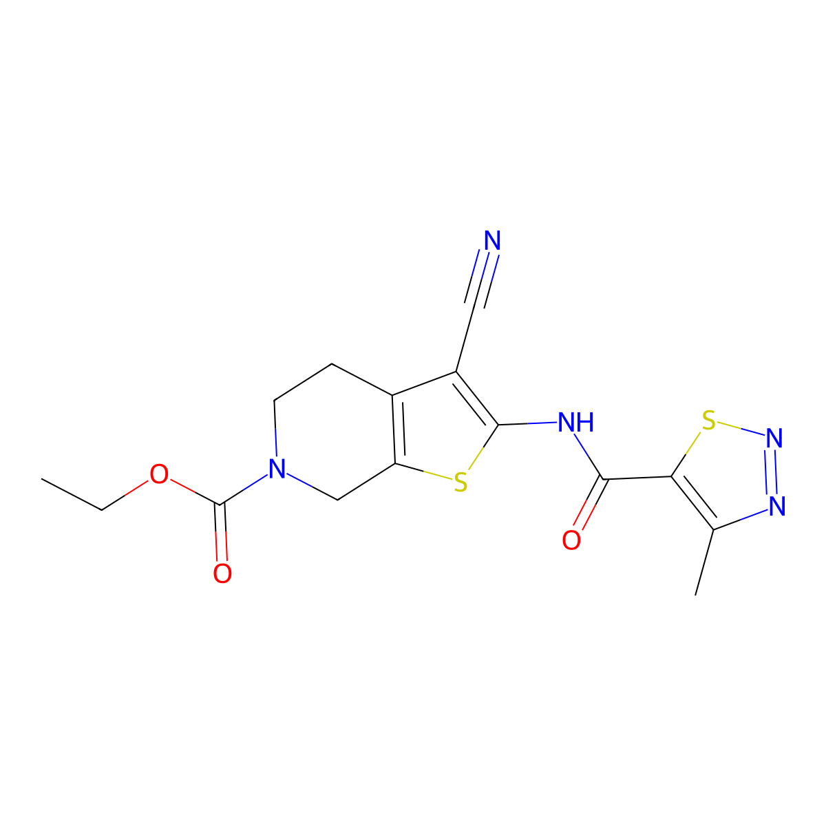 ethyl 3-cyano-2-(4-methyl-1,2,3-thiadiazole-5-carboxamido)-4,5-dihydrothieno[2,3-c]pyridine-6(7H)-carboxylate molecular structure, CAS 1171383-35-9