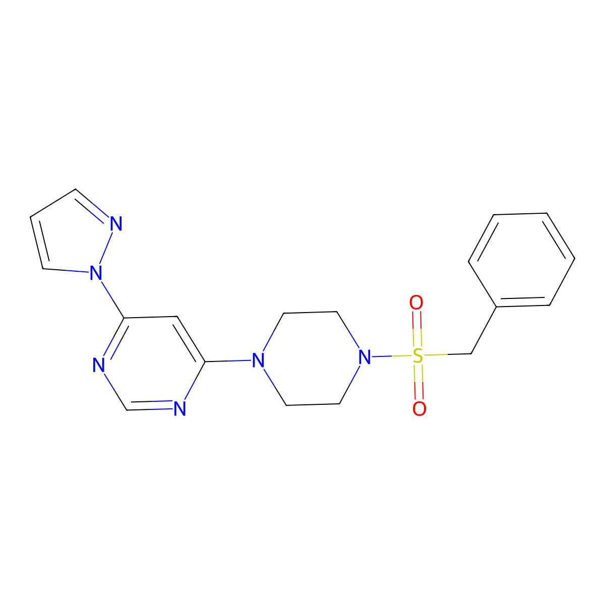 4-(4-(benzylsulfonyl)piperazin-1-yl)-6-(1H-pyrazol-1-yl)pyrimidine molecular structure, CAS 1171383-93-9