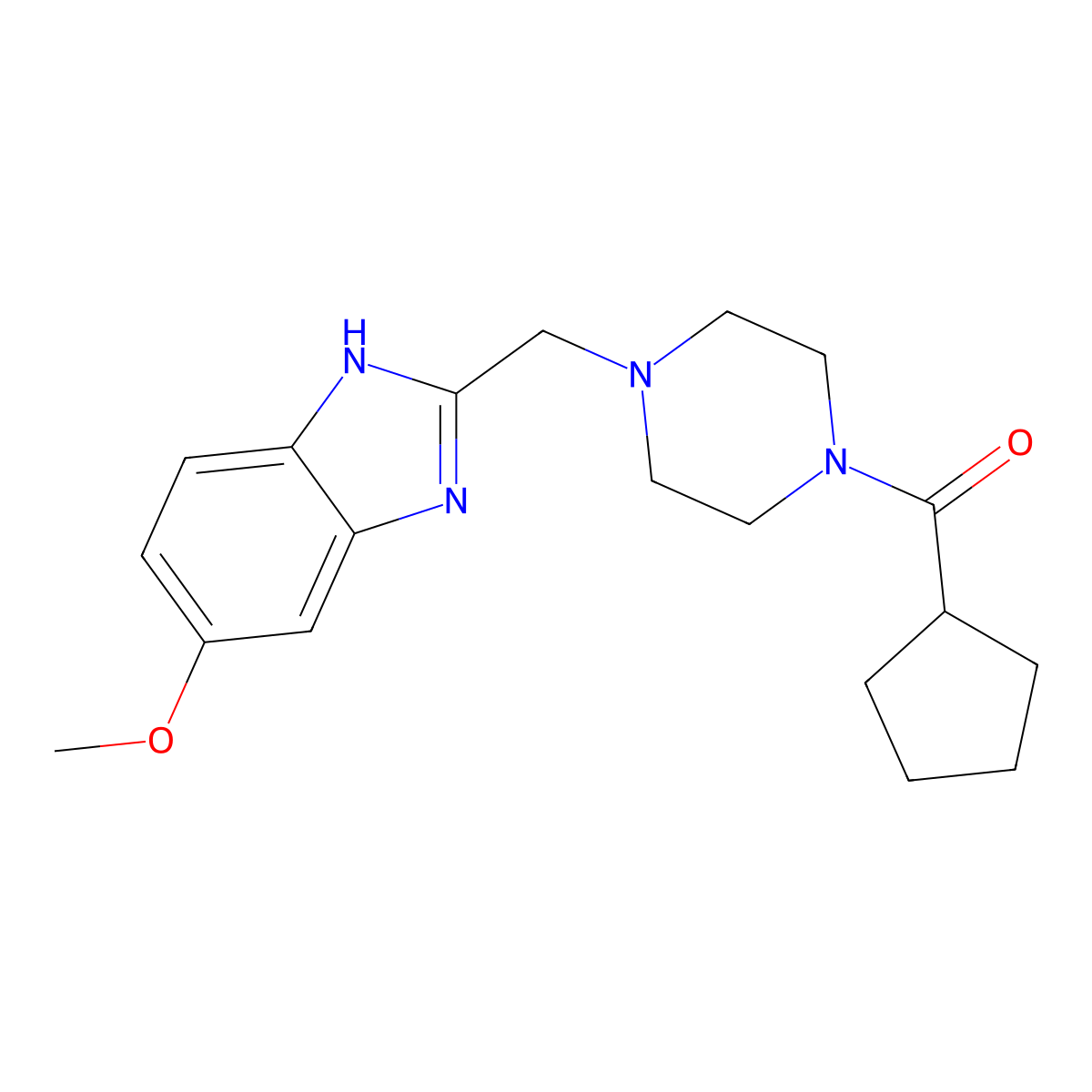 cyclopentyl(4-((5-methoxy-1H-benzo[d]imidazol-2-yl)methyl)piperazin-1-yl)methanone molecular structure, CAS 1171385-09-3