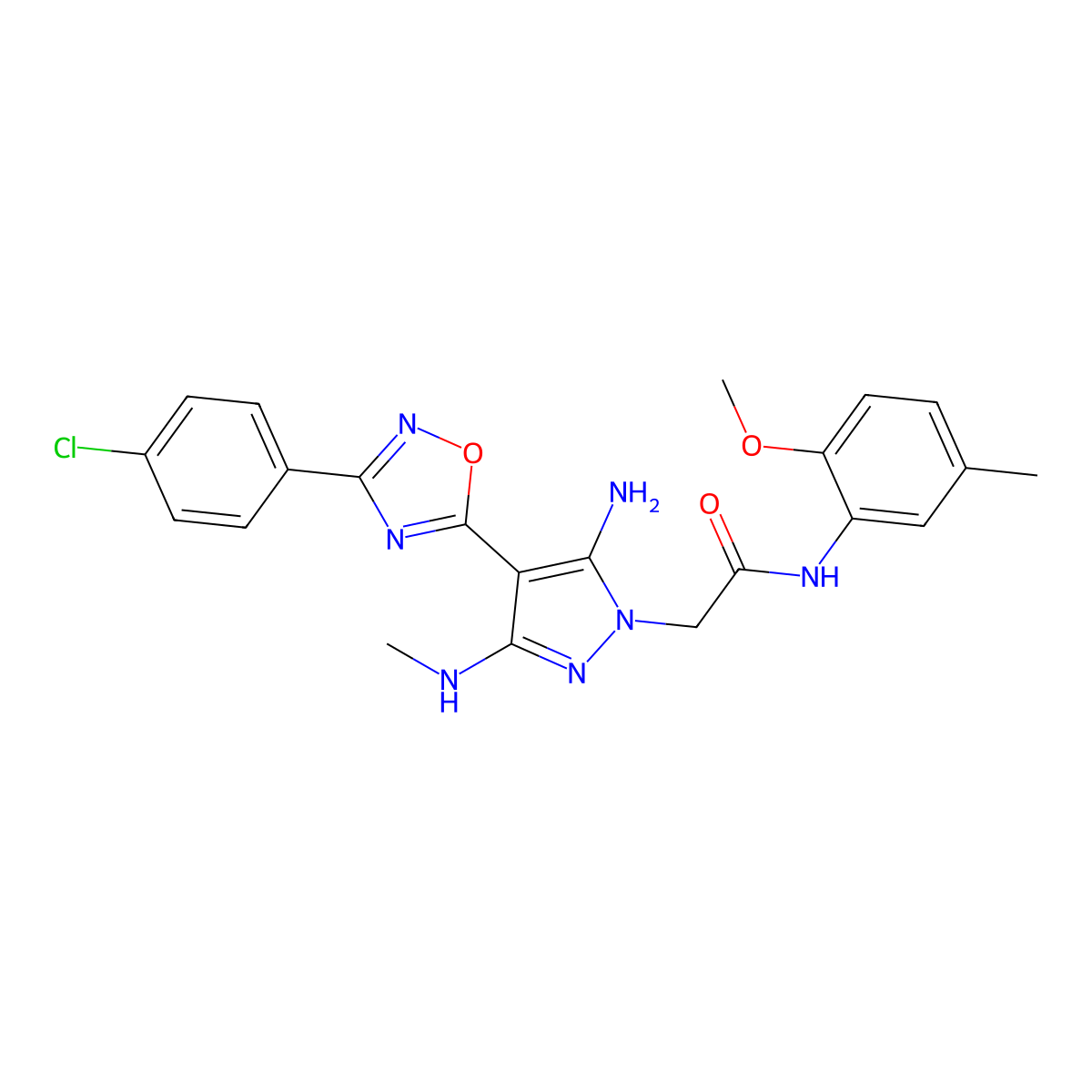 2-{5-amino-4-[3-(4-chlorophenyl)-1,2,4-oxadiazol-5-yl]-3-(methylamino)-1H-pyrazol-1-yl}-N-(2-methoxy-5-methylphenyl)acetamide molecular structure, CAS 1171385-85-5