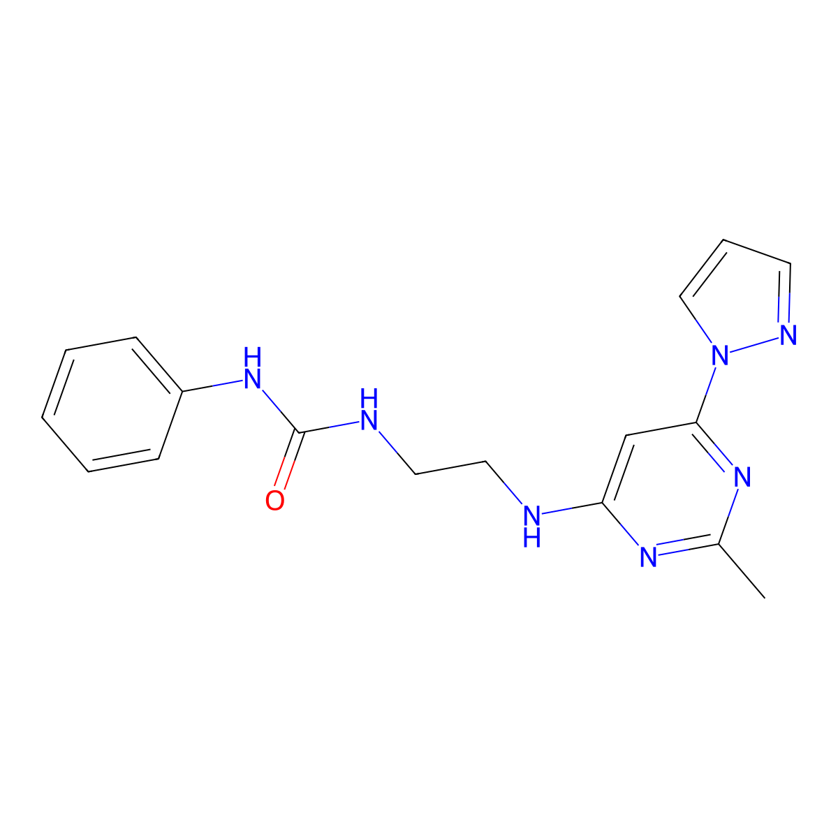 1-(2-((2-methyl-6-(1H-pyrazol-1-yl)pyrimidin-4-yl)amino)ethyl)-3-phenylurea molecular structure, CAS 1171386-20-1