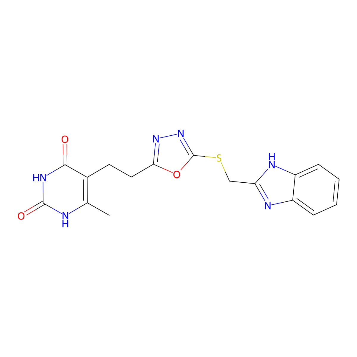 5-(2-(5-(((1H-benzo[d]imidazol-2-yl)methyl)thio)-1,3,4-oxadiazol-2-yl)ethyl)-6-methylpyrimidine-2,4(1H,3H)-dione molecular structure, CAS 1171386-44-9