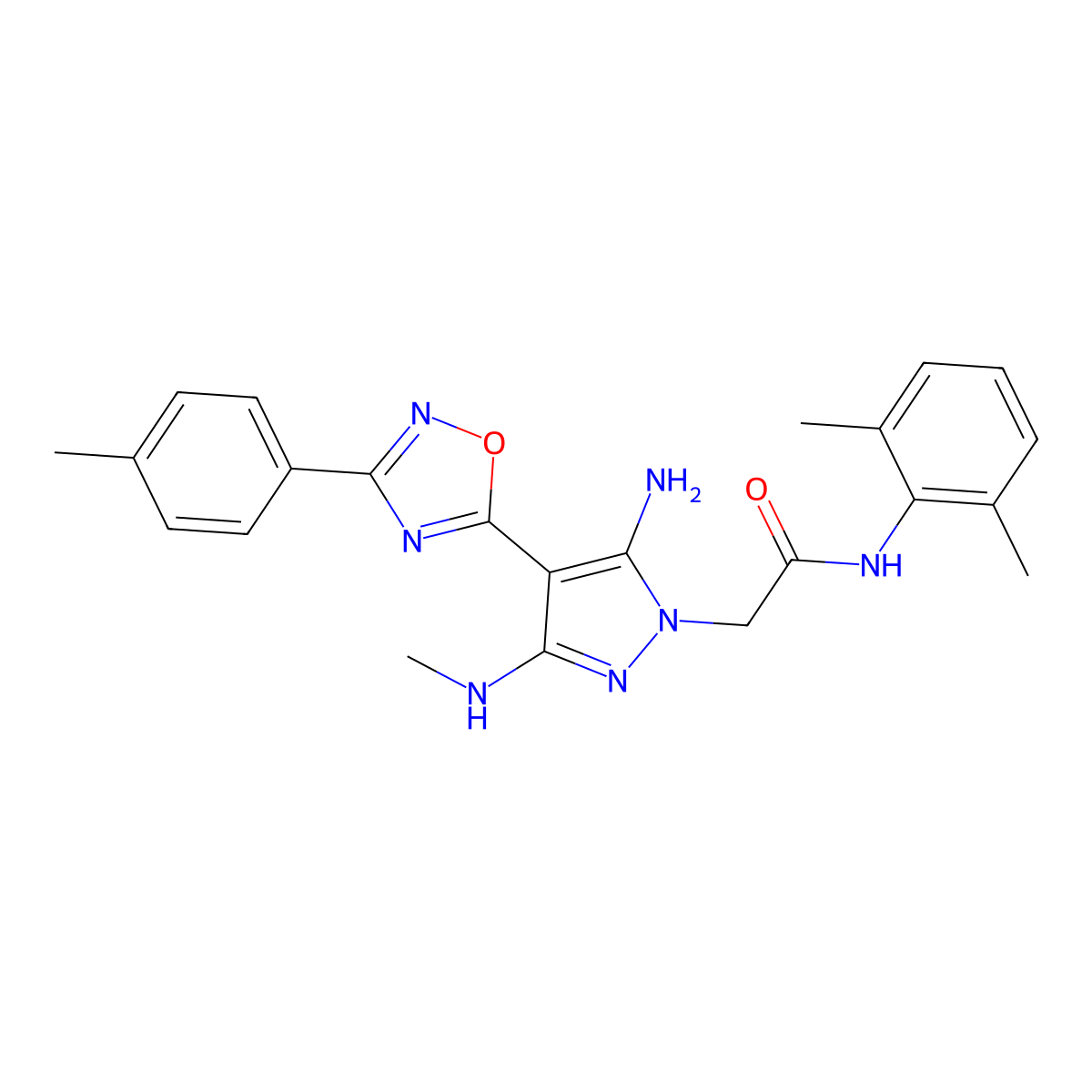 2-[5-amino-3-(methylamino)-4-[3-(4-methylphenyl)-1,2,4-oxadiazol-5-yl]-1H-pyrazol-1-yl]-N-(2,6-dimethylphenyl)acetamide molecular structure, CAS 1171387-65-7