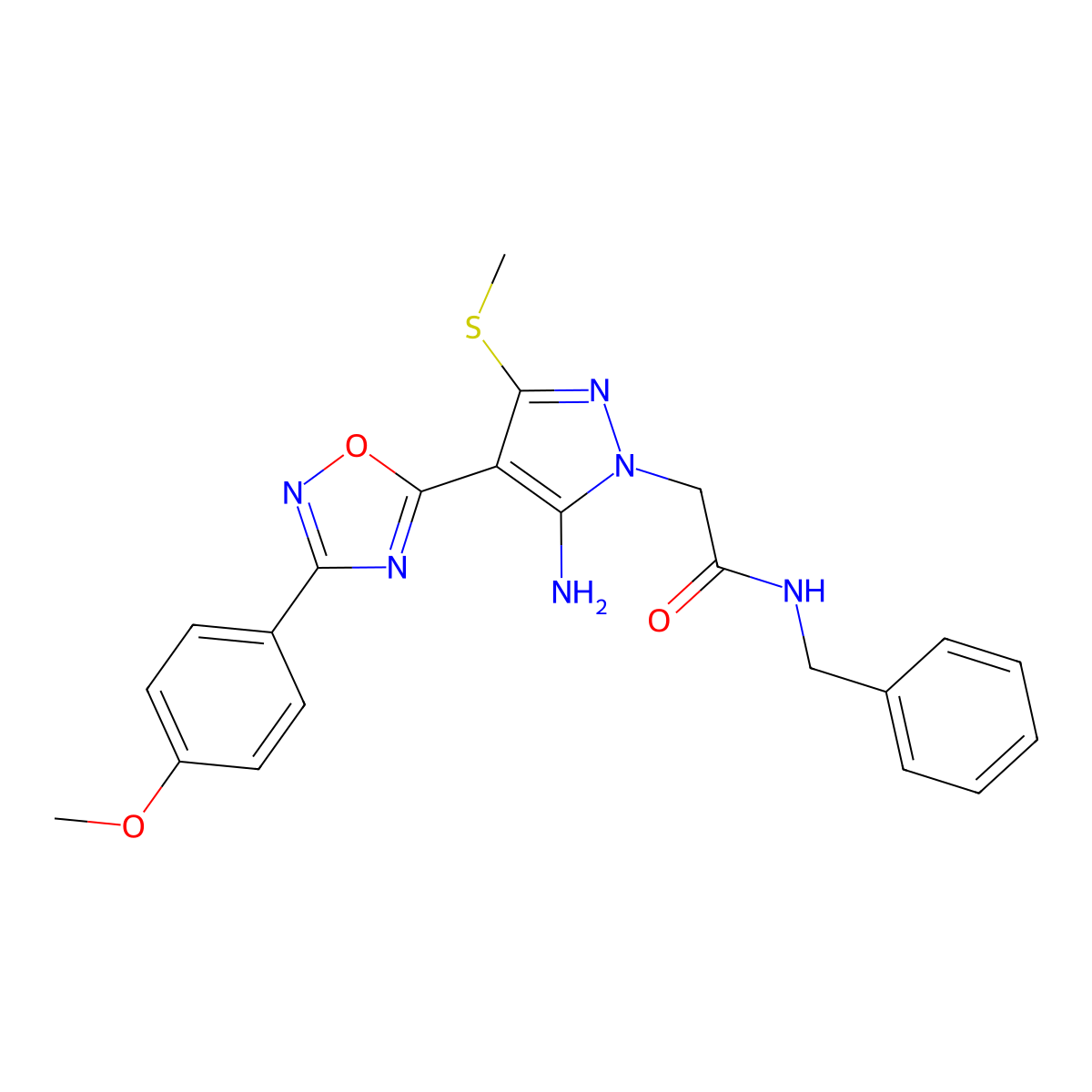 2-{5-amino-4-[3-(4-methoxyphenyl)-1,2,4-oxadiazol-5-yl]-3-(methylsulfanyl)-1H-pyrazol-1-yl}-N-benzylacetamide molecular structure, CAS 1171391-24-4