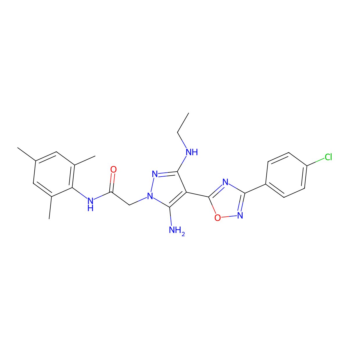 2-(5-amino-4-(3-(4-chlorophenyl)-1,2,4-oxadiazol-5-yl)-3-(ethylamino)-1H-pyrazol-1-yl)-N-mesitylacetamide molecular structure, CAS 1171391-63-1