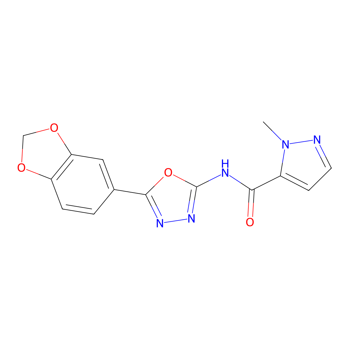 N-(5-(benzo[d][1,3]dioxol-5-yl)-1,3,4-oxadiazol-2-yl)-1-methyl-1H-pyrazole-5-carboxamide molecular structure, CAS 1171394-26-5