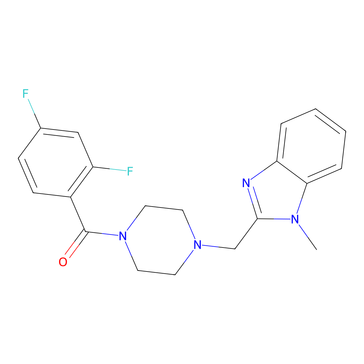 (2,4-difluorophenyl)(4-((1-methyl-1H-benzo[d]imidazol-2-yl)methyl)piperazin-1-yl)methanone molecular structure, CAS 1171395-65-5