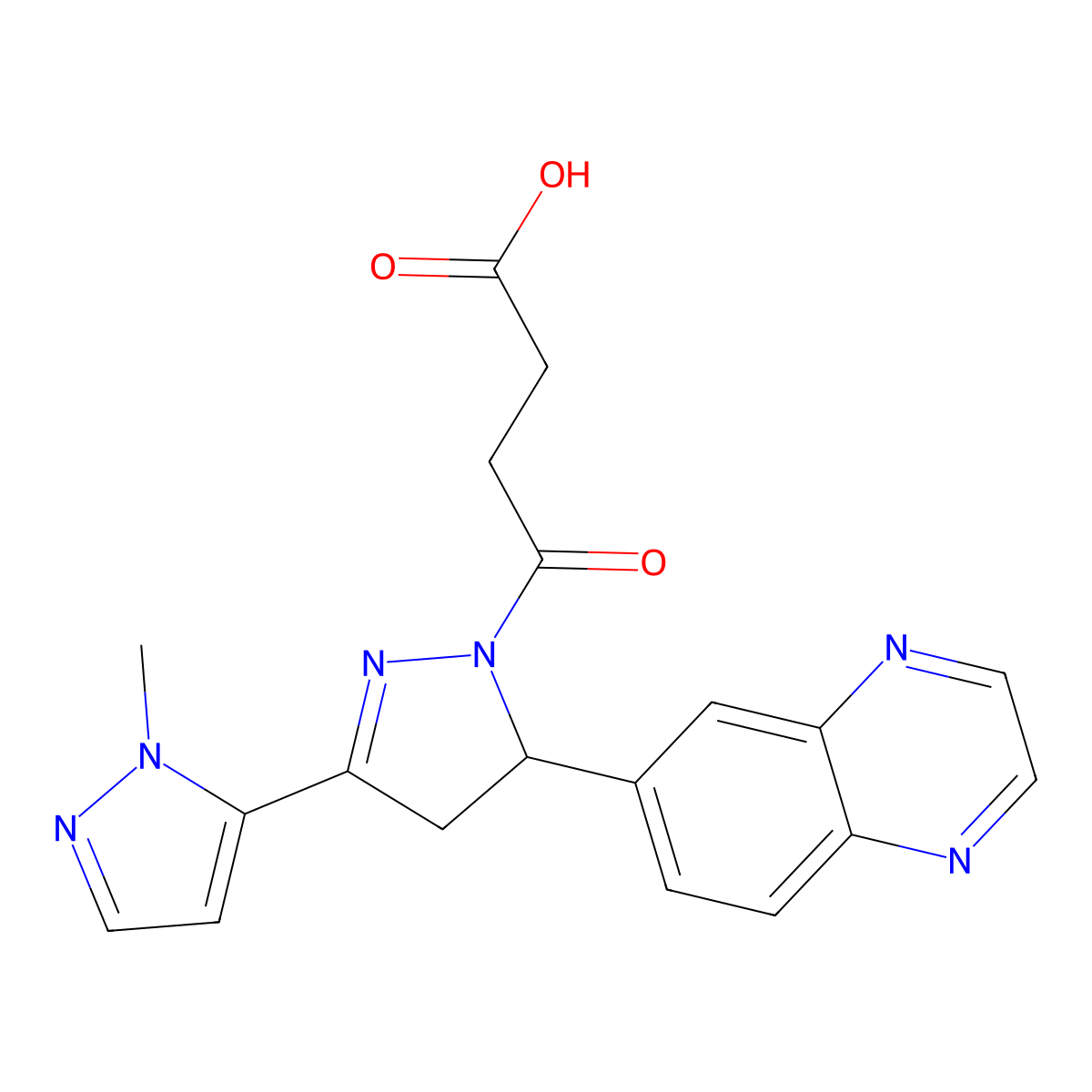 4-(2'-methyl-5-(quinoxalin-6-yl)-4,5-dihydro-1H,2'H-[3,3'-bipyrazol]-1-yl)-4-oxobutanoic acid molecular structure, CAS 1171396-93-2