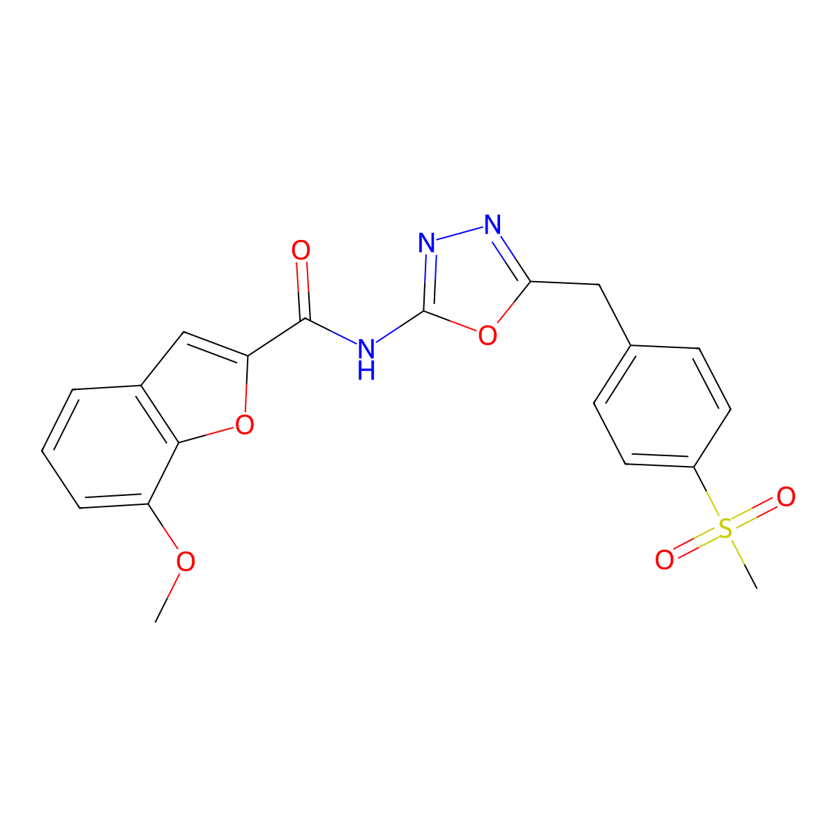 7-methoxy-N-(5-(4-(methylsulfonyl)benzyl)-1,3,4-oxadiazol-2-yl)benzofuran-2-carboxamide molecular structure, CAS 1171398-19-8