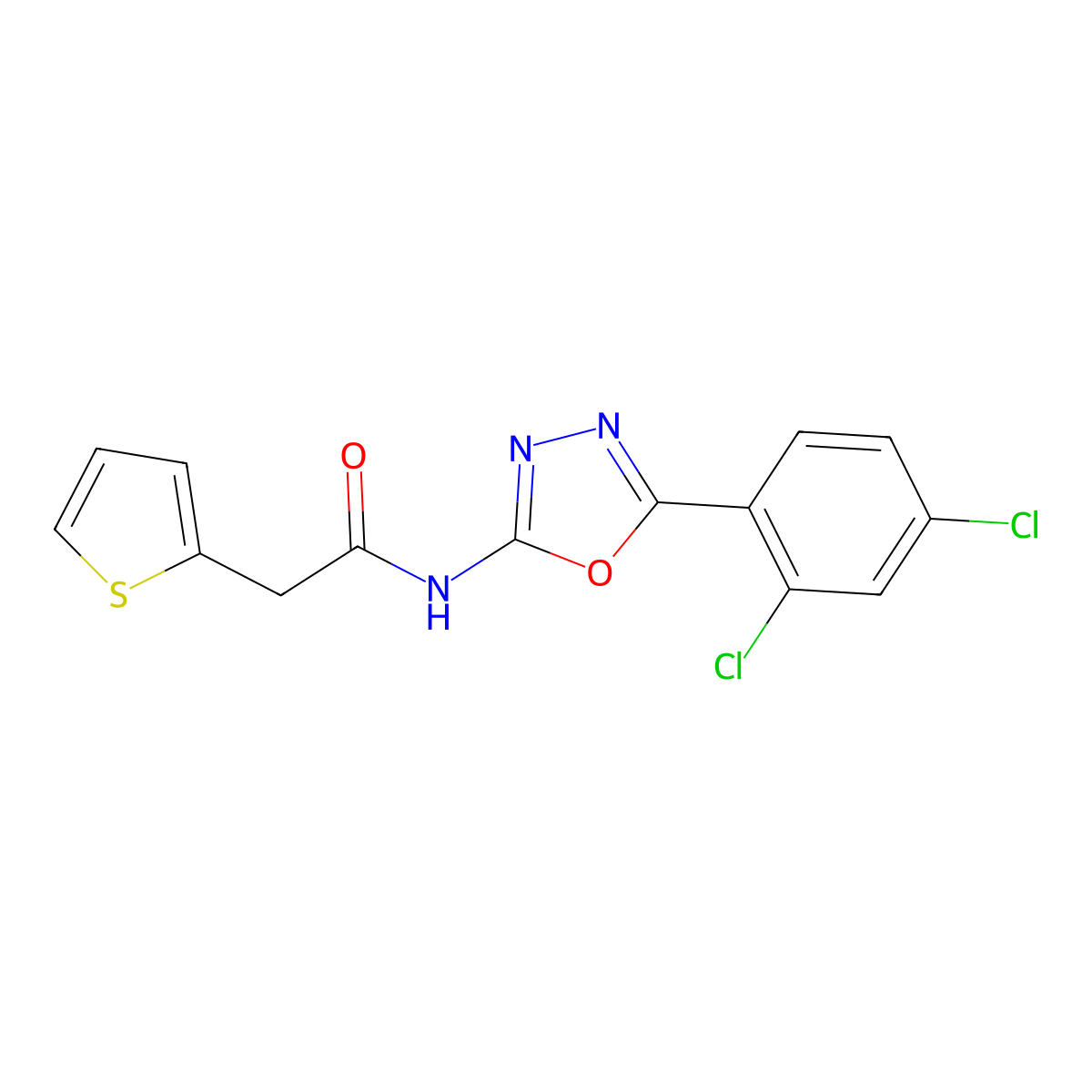 N-(5-(2,4-dichlorophenyl)-1,3,4-oxadiazol-2-yl)-2-(thiophen-2-yl)acetamide molecular structure, CAS 1171398-38-1