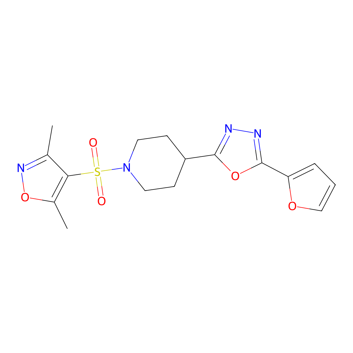 2-(1-((3,5-Dimethylisoxazol-4-yl)sulfonyl)piperidin-4-yl)-5-(furan-2-yl)-1,3,4-oxadiazole molecular structure, CAS 1171399-50-0