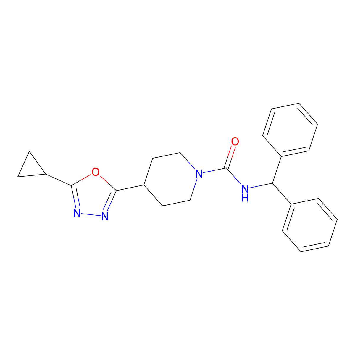 N-benzhydryl-4-(5-cyclopropyl-1,3,4-oxadiazol-2-yl)piperidine-1-carboxamide molecular structure, CAS 1171401-74-3
