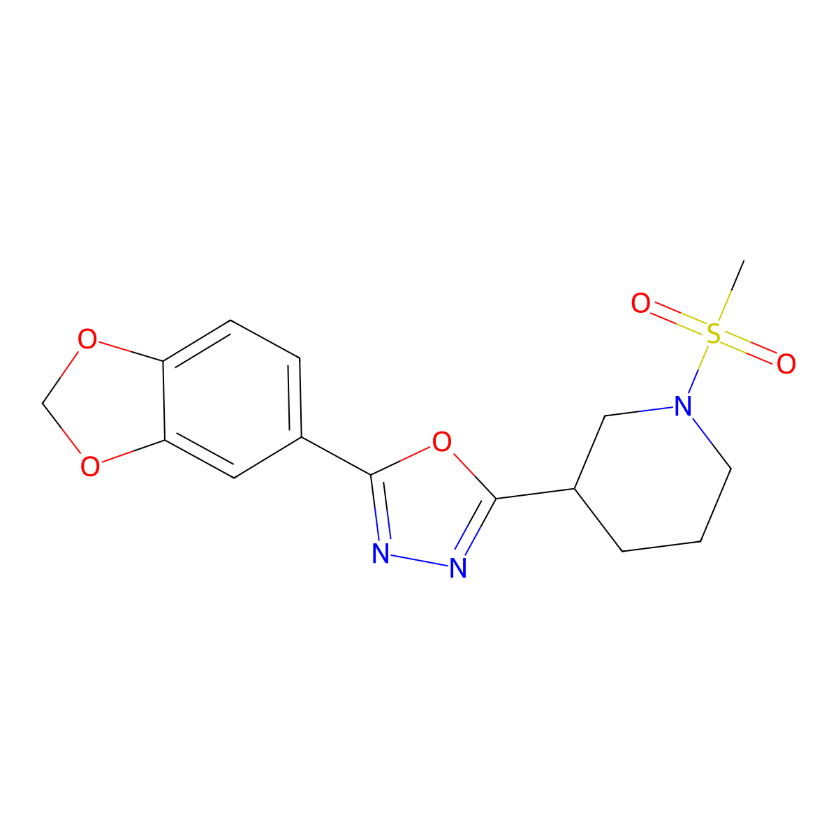 2-(Benzo[d][1,3]dioxol-5-yl)-5-(1-(methylsulfonyl)piperidin-3-yl)-1,3,4-oxadiazole molecular structure, CAS 1171402-46-2