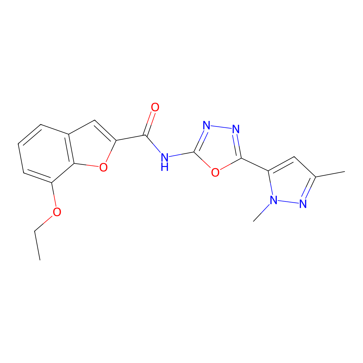N-[5-(1,3-dimethyl-1H-pyrazol-5-yl)-1,3,4-oxadiazol-2-yl]-7-ethoxy-1-benzofuran-2-carboxamide molecular structure, CAS 1171402-88-2