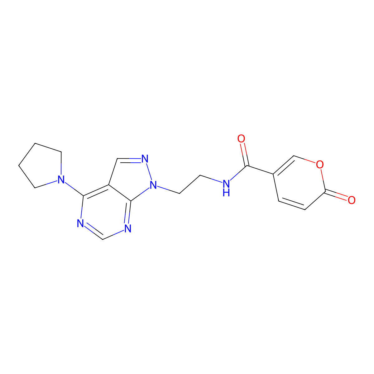 2-oxo-N-{2-[4-(pyrrolidin-1-yl)-1H-pyrazolo[3,4-d]pyrimidin-1-yl]ethyl}-2H-pyran-5-carboxamide molecular structure, CAS 1171402-89-3