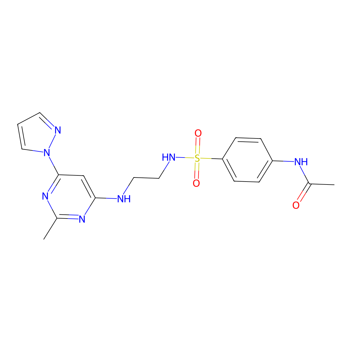 N-(4-(N-(2-((2-methyl-6-(1H-pyrazol-1-yl)pyrimidin-4-yl)amino)ethyl)sulfamoyl)phenyl)acetamide molecular structure, CAS 1171404-02-6