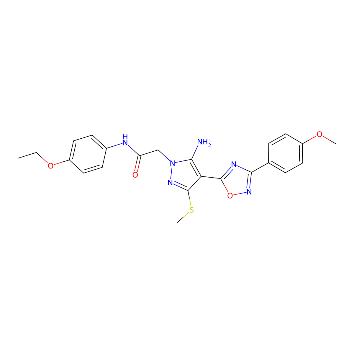 2-{5-amino-4-[3-(4-methoxyphenyl)-1,2,4-oxadiazol-5-yl]-3-(methylsulfanyl)-1H-pyrazol-1-yl}-N-(4-ethoxyphenyl)acetamide molecular structure, CAS 1171404-94-6