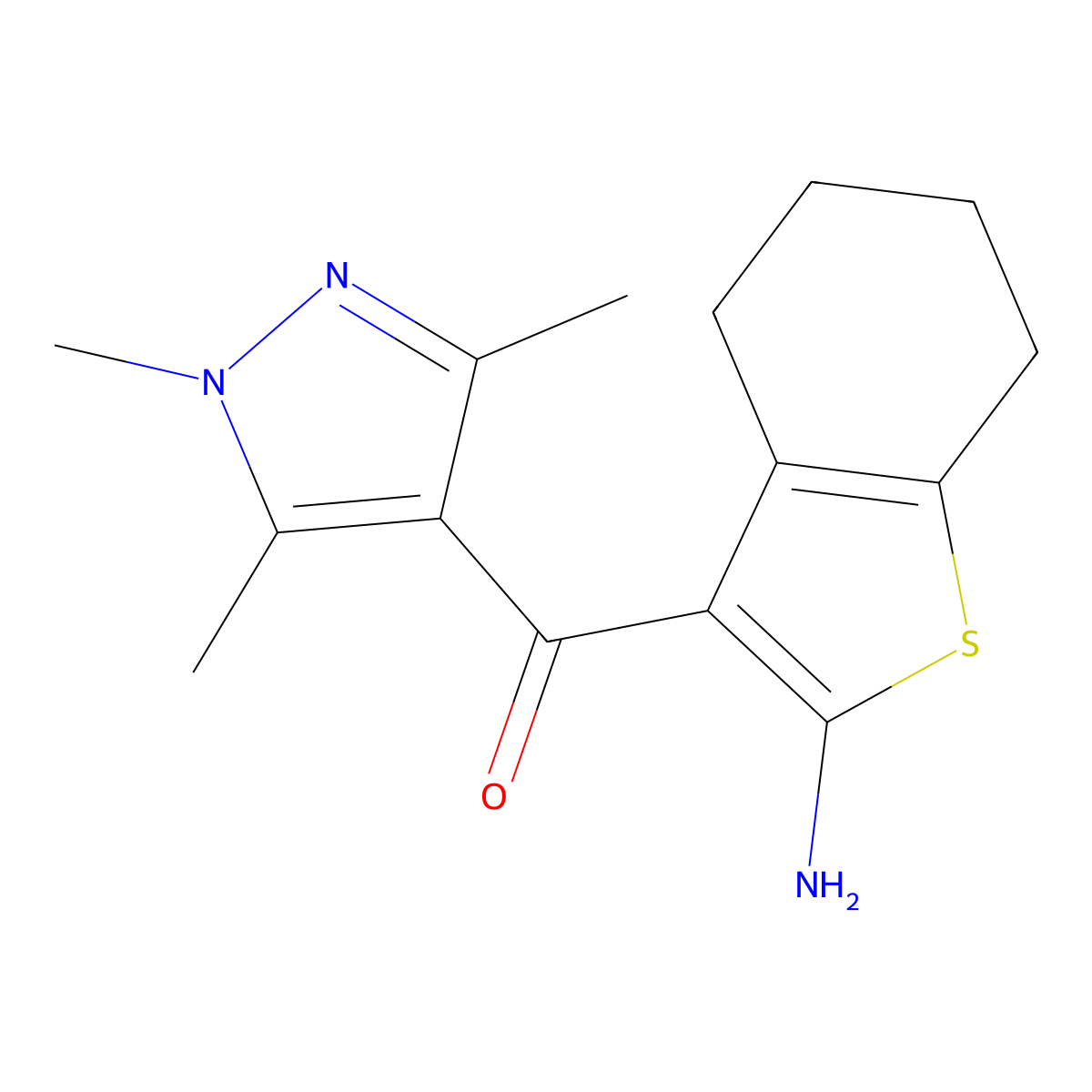 (2-Amino-4,5,6,7-tetrahydrobenzo[b]thiophen-3-yl)(1,3,5-trimethyl-1H-pyrazol-4-yl)methanone molecular structure, CAS 1171405-33-6