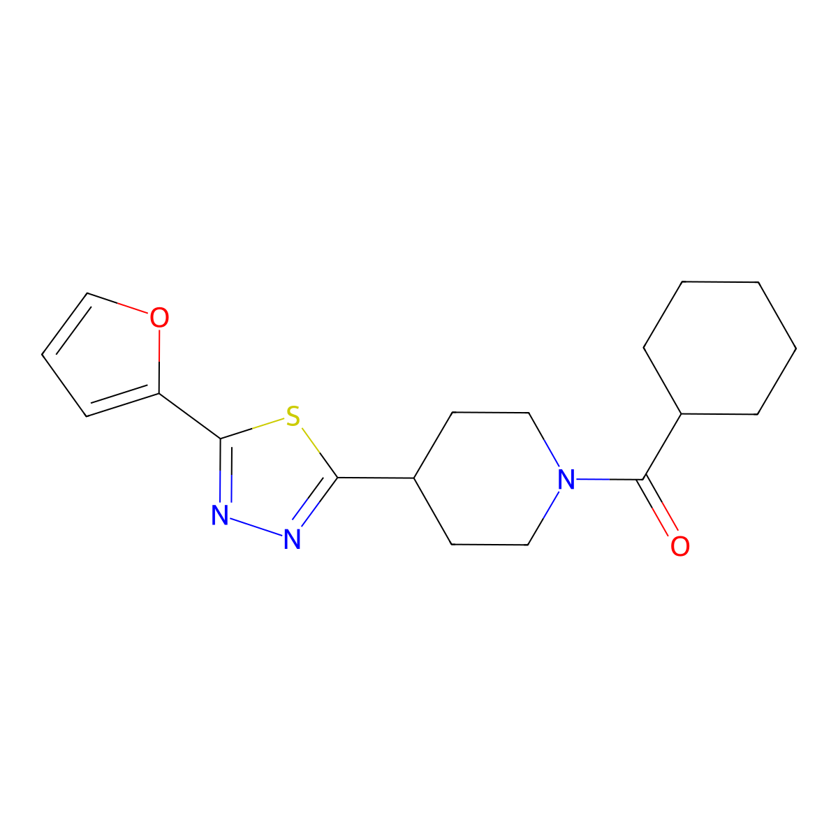 Cyclohexyl(4-(5-(furan-2-yl)-1,3,4-thiadiazol-2-yl)piperidin-1-yl)methanone molecular structure, CAS 1171405-92-7