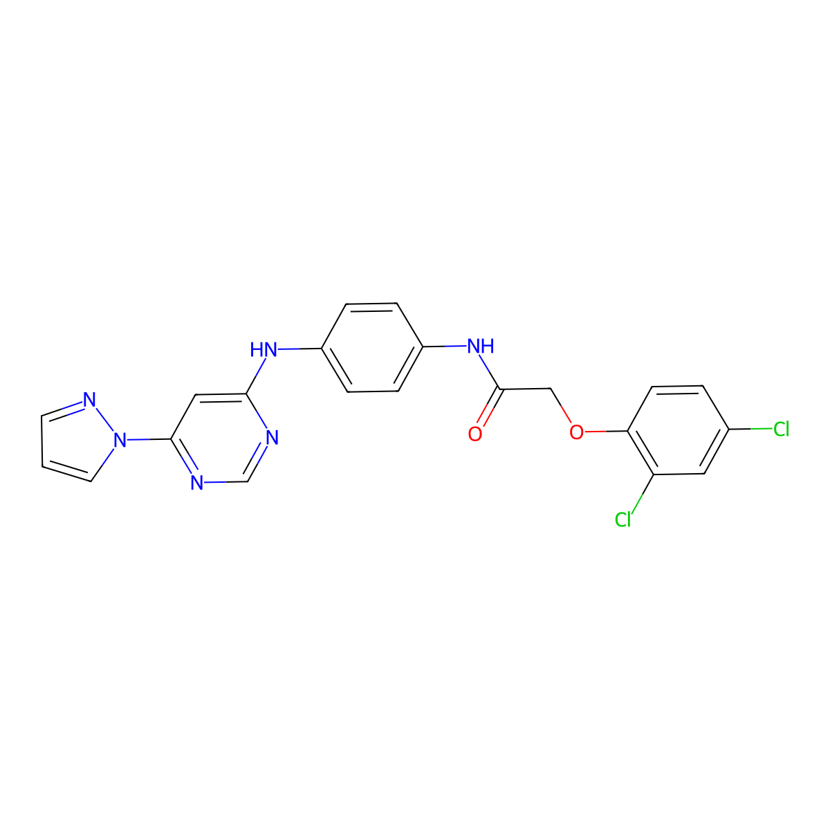 N-(4-((6-(1H-pyrazol-1-yl)pyrimidin-4-yl)amino)phenyl)-2-(2,4-dichlorophenoxy)acetamide molecular structure, CAS 1171405-98-3