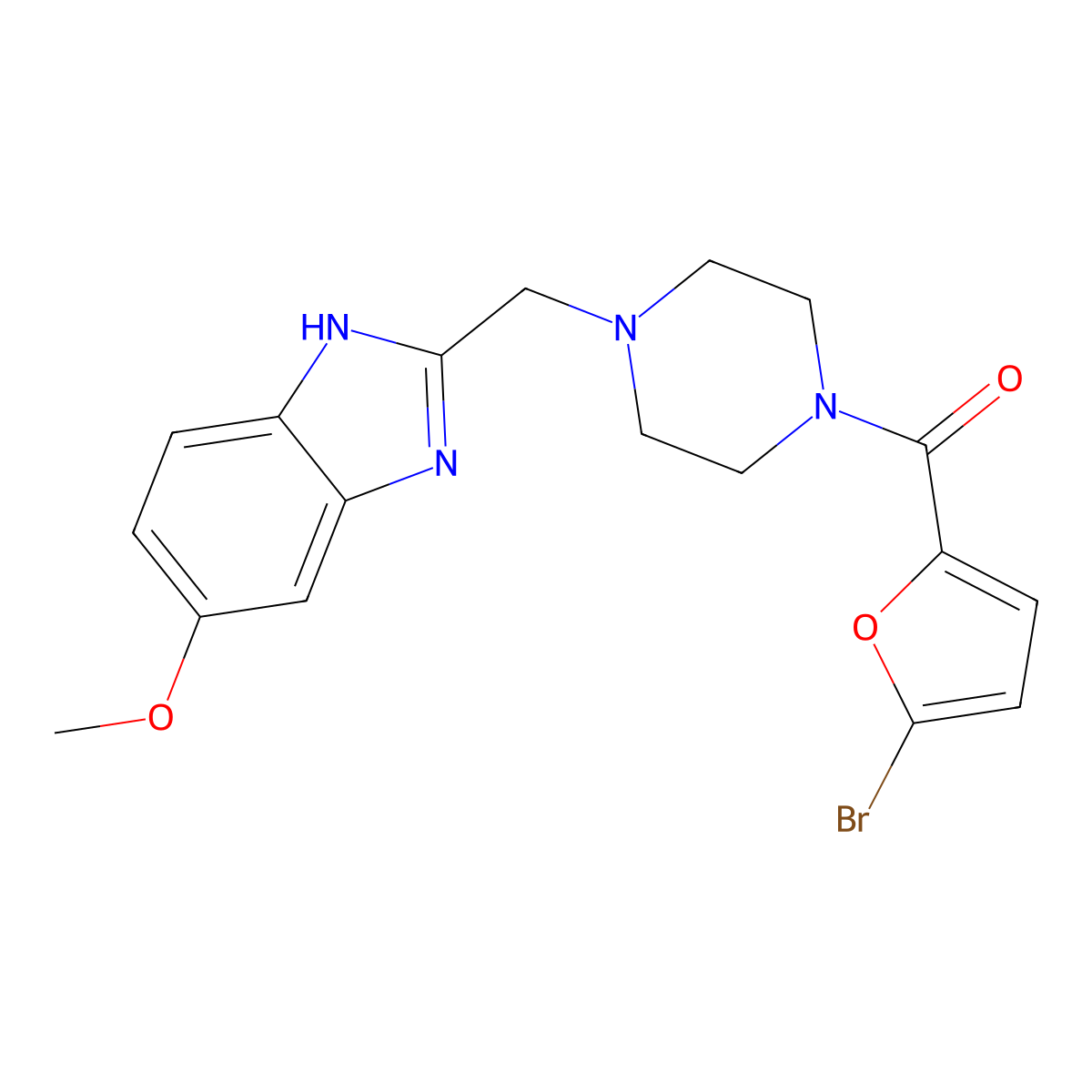 (5-bromofuran-2-yl)(4-((5-methoxy-1H-benzo[d]imidazol-2-yl)methyl)piperazin-1-yl)methanone molecular structure, CAS 1171406-06-6