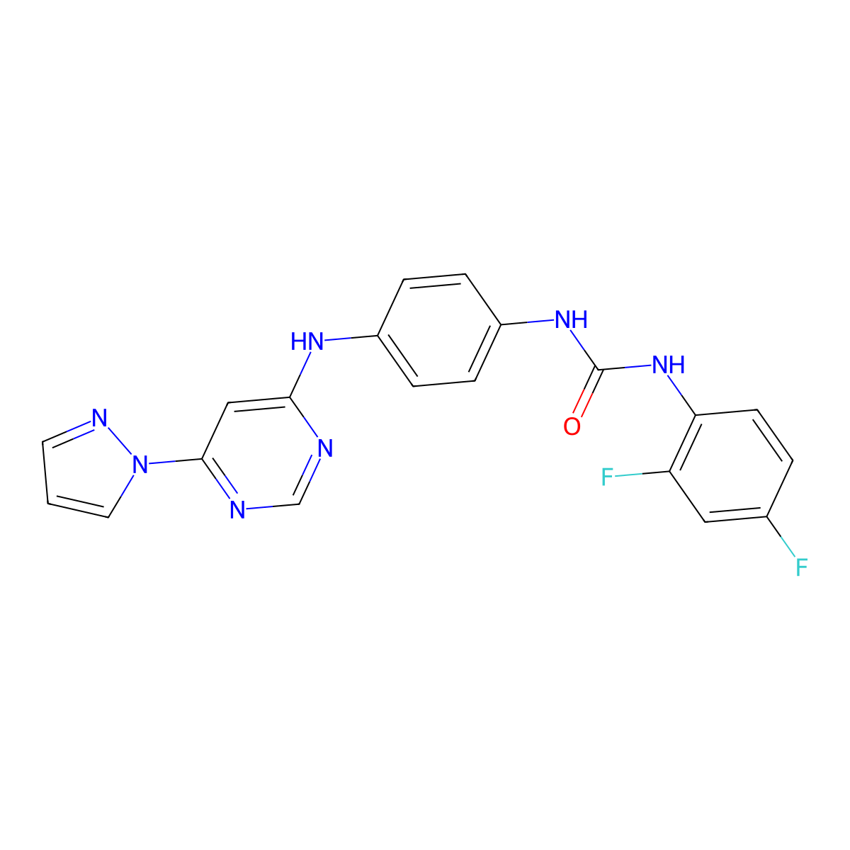 1-(4-((6-(1H-pyrazol-1-yl)pyrimidin-4-yl)amino)phenyl)-3-(2,4-difluorophenyl)urea molecular structure, CAS 1171406-32-8