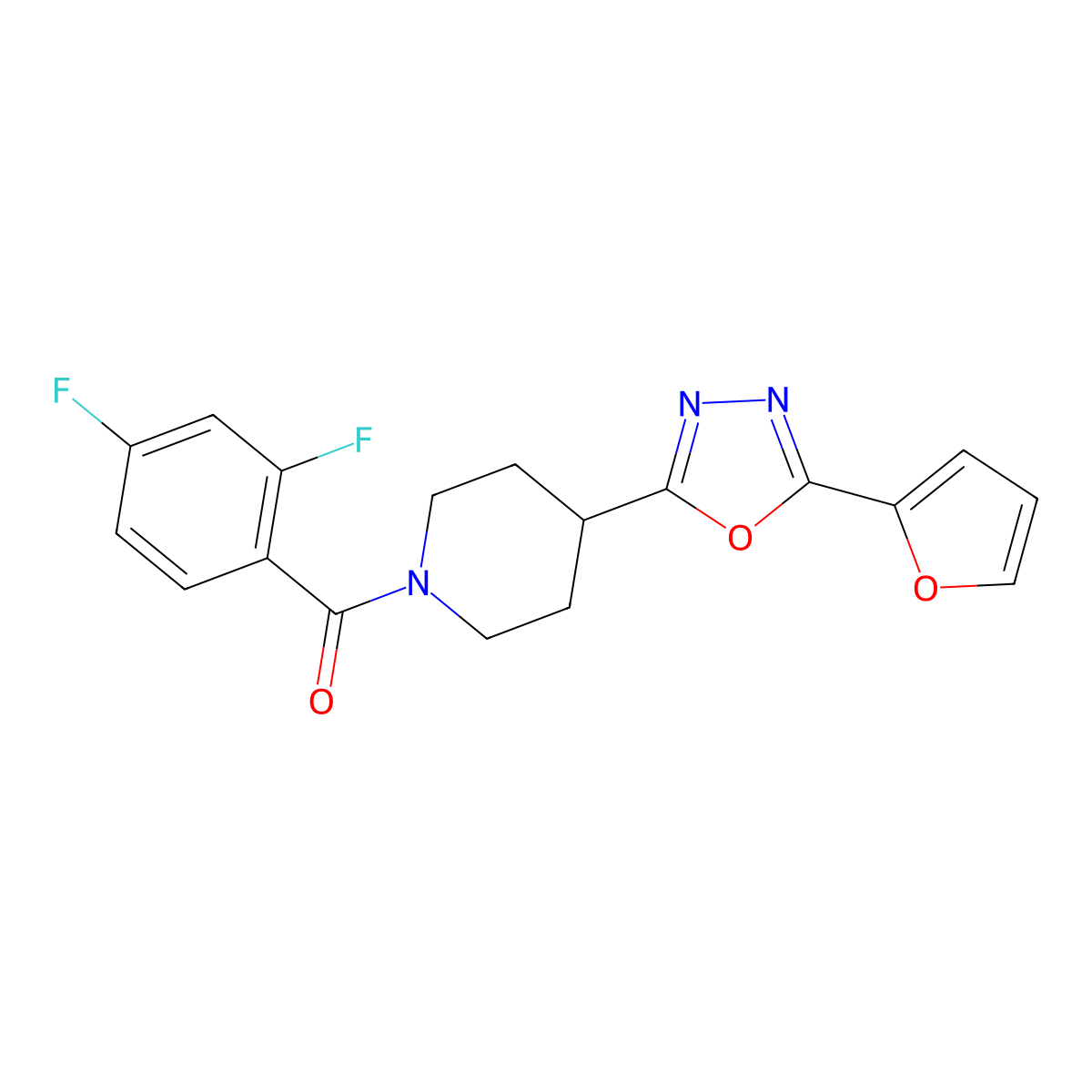 (2,4-Difluorophenyl)(4-(5-(furan-2-yl)-1,3,4-oxadiazol-2-yl)piperidin-1-yl)methanone molecular structure, CAS 1171407-19-4