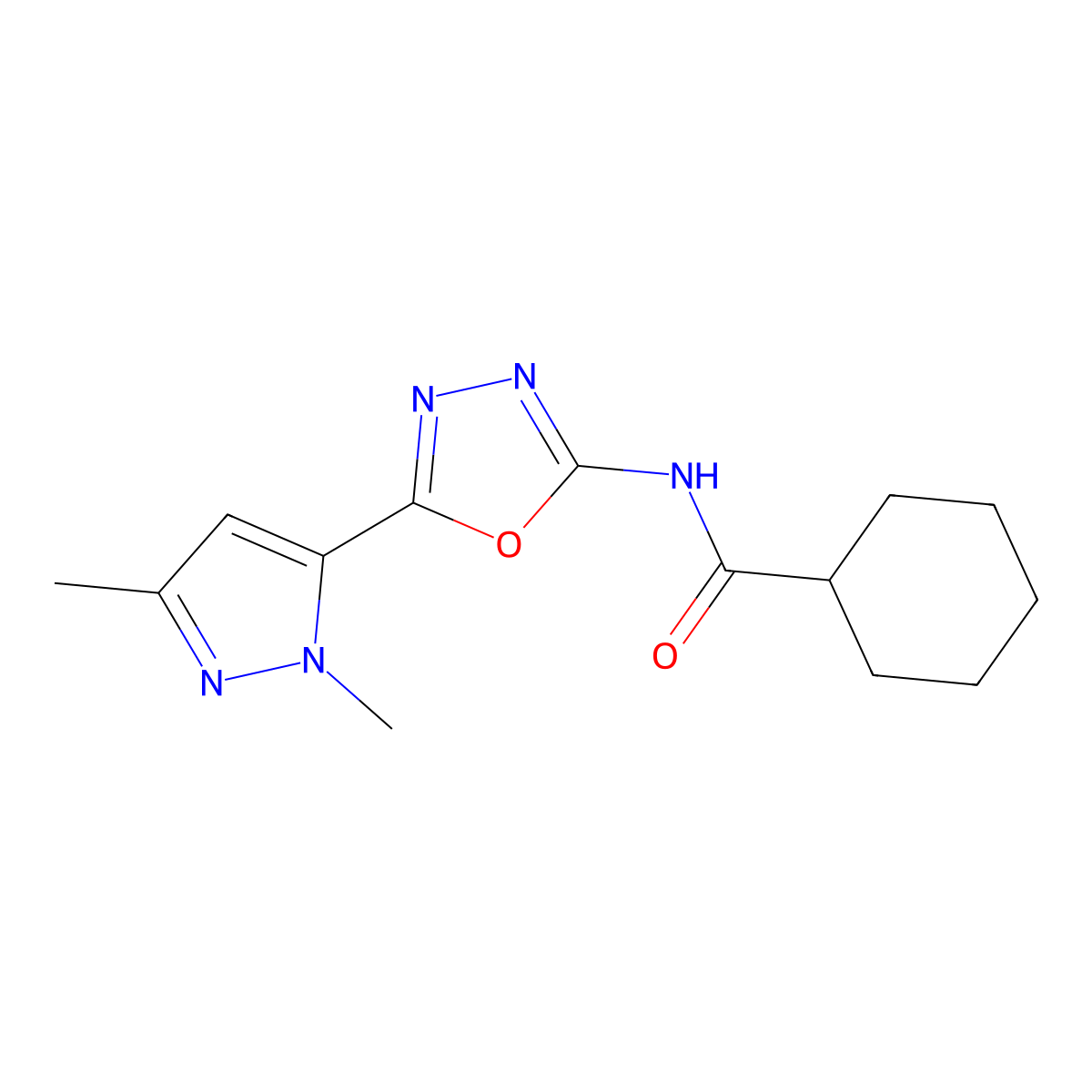 N-(5-(1,3-dimethyl-1H-pyrazol-5-yl)-1,3,4-oxadiazol-2-yl)cyclohexanecarboxamide molecular structure, CAS 1171408-38-0