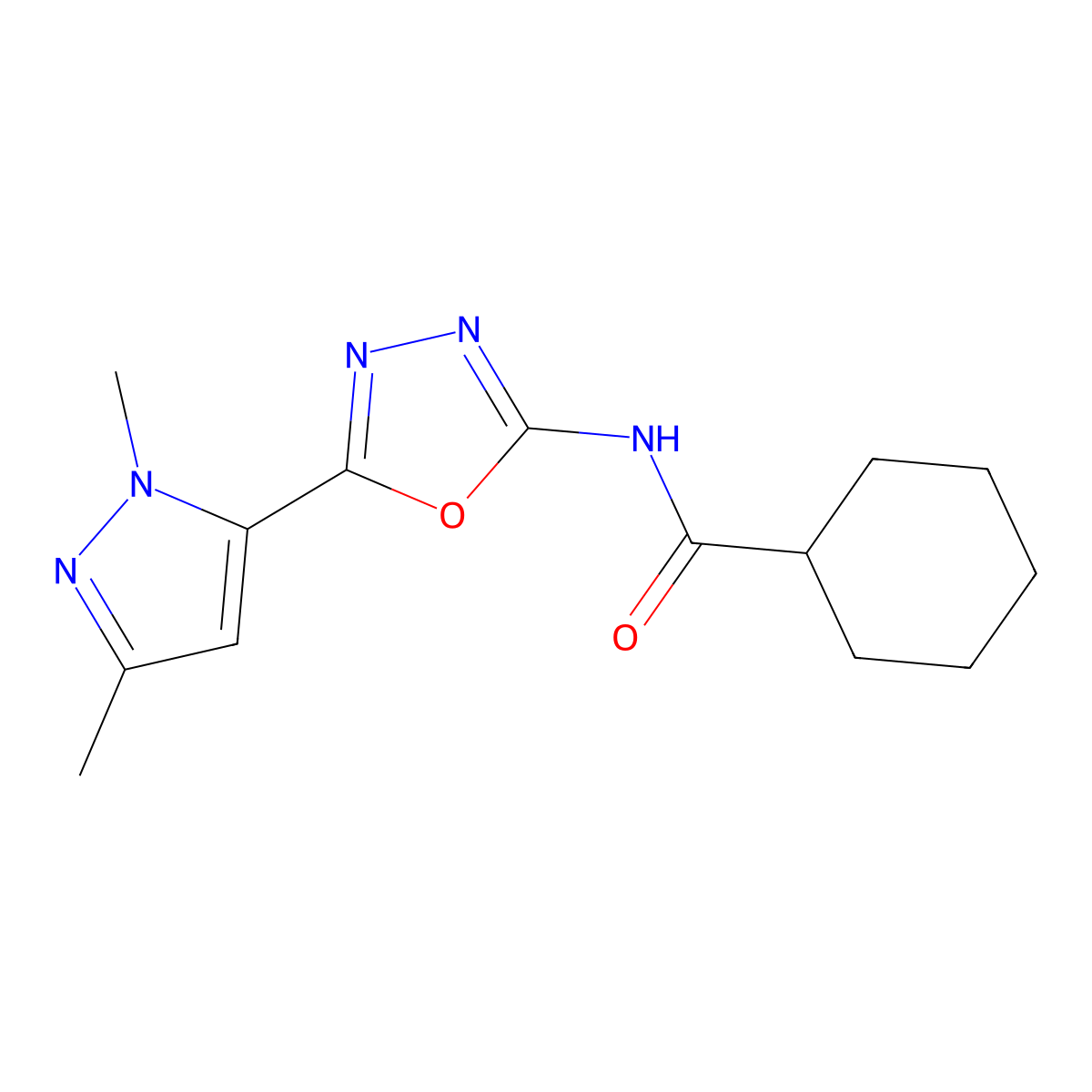 N-(5-(1,3-dimethyl-1H-pyrazol-5-yl)-1,3,4-oxadiazol-2-yl)cyclohexanecarboxamide molecular structure, CAS 1171408-38-0