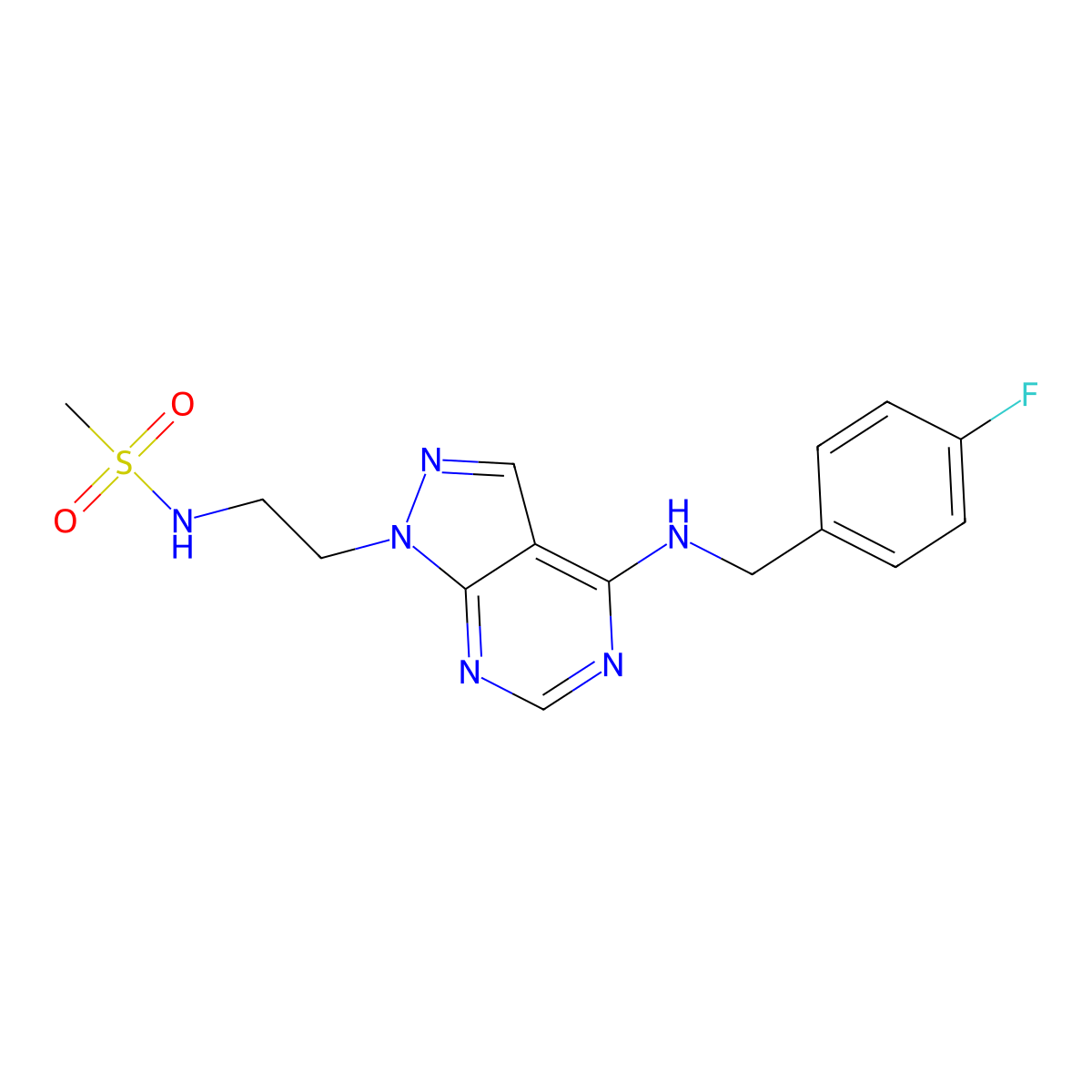 N-(2-(4-((4-fluorobenzyl)amino)-1H-pyrazolo[3,4-d]pyrimidin-1-yl)ethyl)methanesulfonamide molecular structure, CAS 1171411-06-5