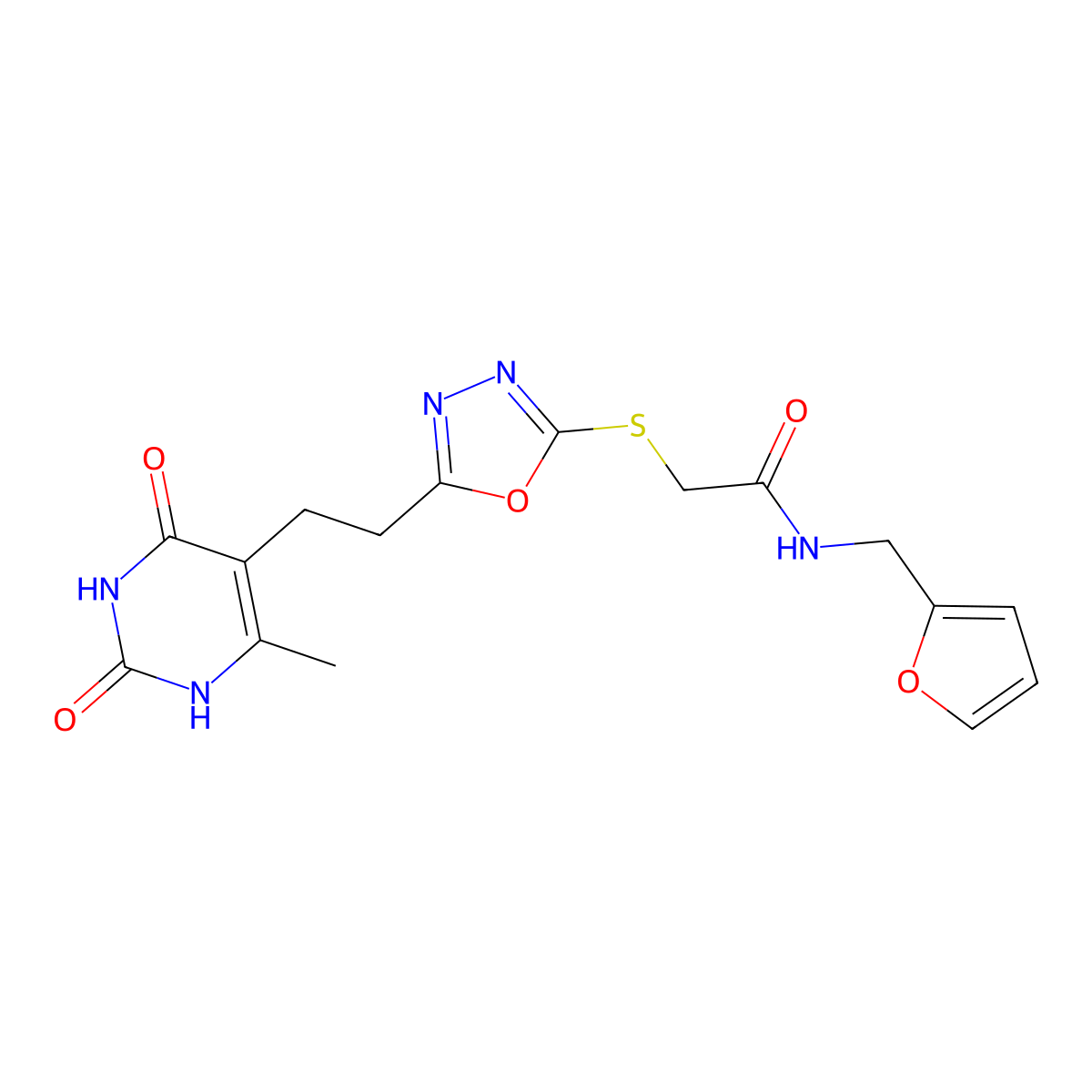 N-(furan-2-ylmethyl)-2-((5-(2-(6-methyl-2,4-dioxo-1,2,3,4-tetrahydropyrimidin-5-yl)ethyl)-1,3,4-oxadiazol-2-yl)thio)acetamide molecular structure, CAS 1171411-07-6