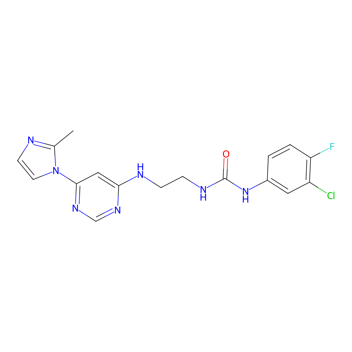 1-(3-chloro-4-fluorophenyl)-3-(2-((6-(2-methyl-1H-imidazol-1-yl)pyrimidin-4-yl)amino)ethyl)urea molecular structure, CAS 1171412-85-3