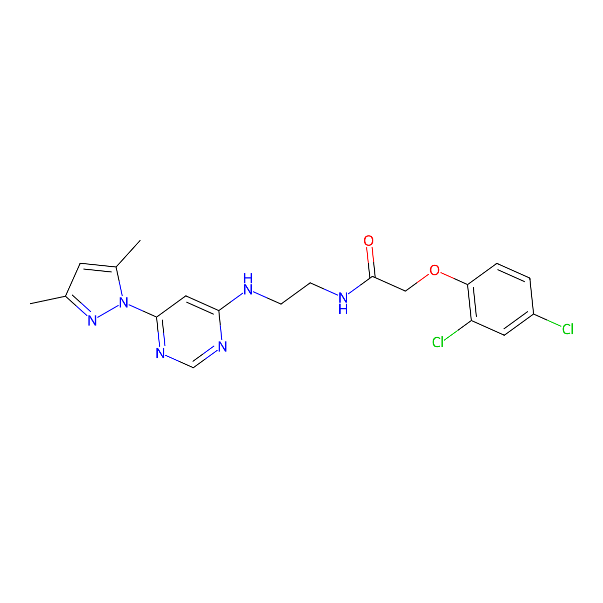 2-(2,4-dichlorophenoxy)-N-(2-((6-(3,5-dimethyl-1H-pyrazol-1-yl)pyrimidin-4-yl)amino)ethyl)acetamide molecular structure, CAS 1171412-90-0
