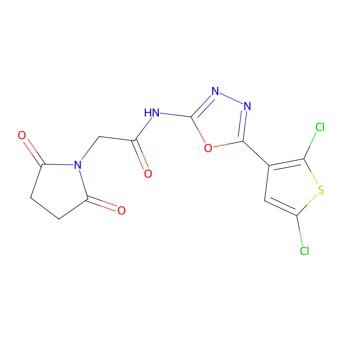 N-(5-(2,5-dichlorothiophen-3-yl)-1,3,4-oxadiazol-2-yl)-2-(2,5-dioxopyrrolidin-1-yl)acetamide molecular structure, CAS 1171413-46-9
