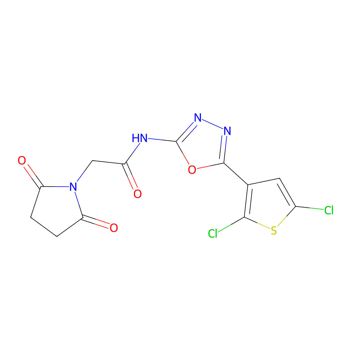 N-(5-(2,5-dichlorothiophen-3-yl)-1,3,4-oxadiazol-2-yl)-2-(2,5-dioxopyrrolidin-1-yl)acetamide molecular structure, CAS 1171413-46-9