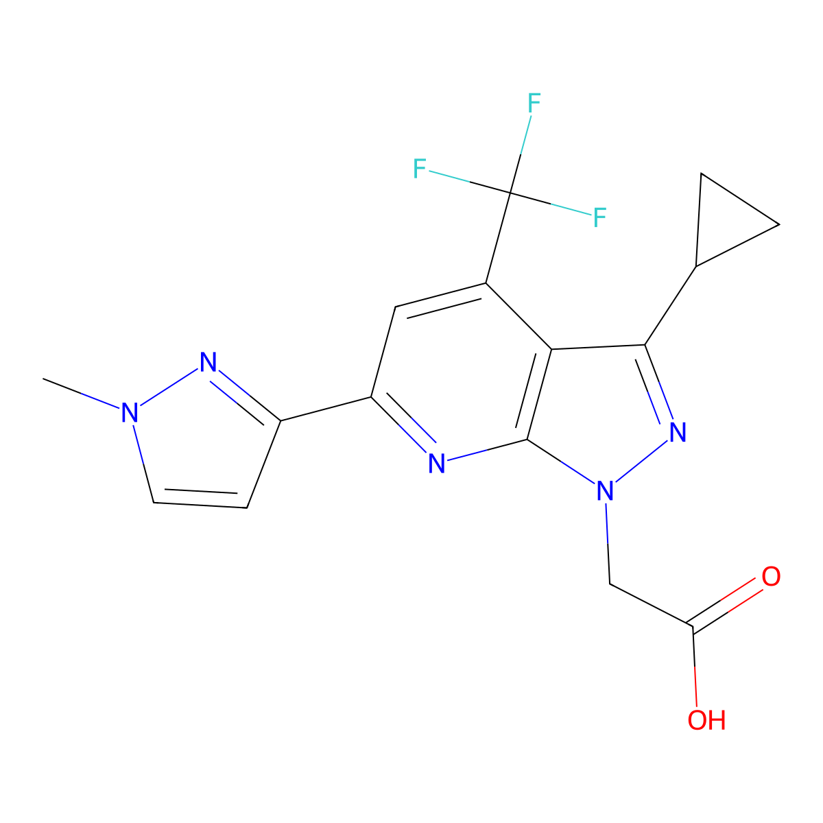 2-(3-Cyclopropyl-6-(1-methyl-1H-pyrazol-3-yl)-4-(trifluoromethyl)-1H-pyrazolo[3,4-b]pyridin-1-yl)acetic acid molecular structure, CAS 1171414-61-1