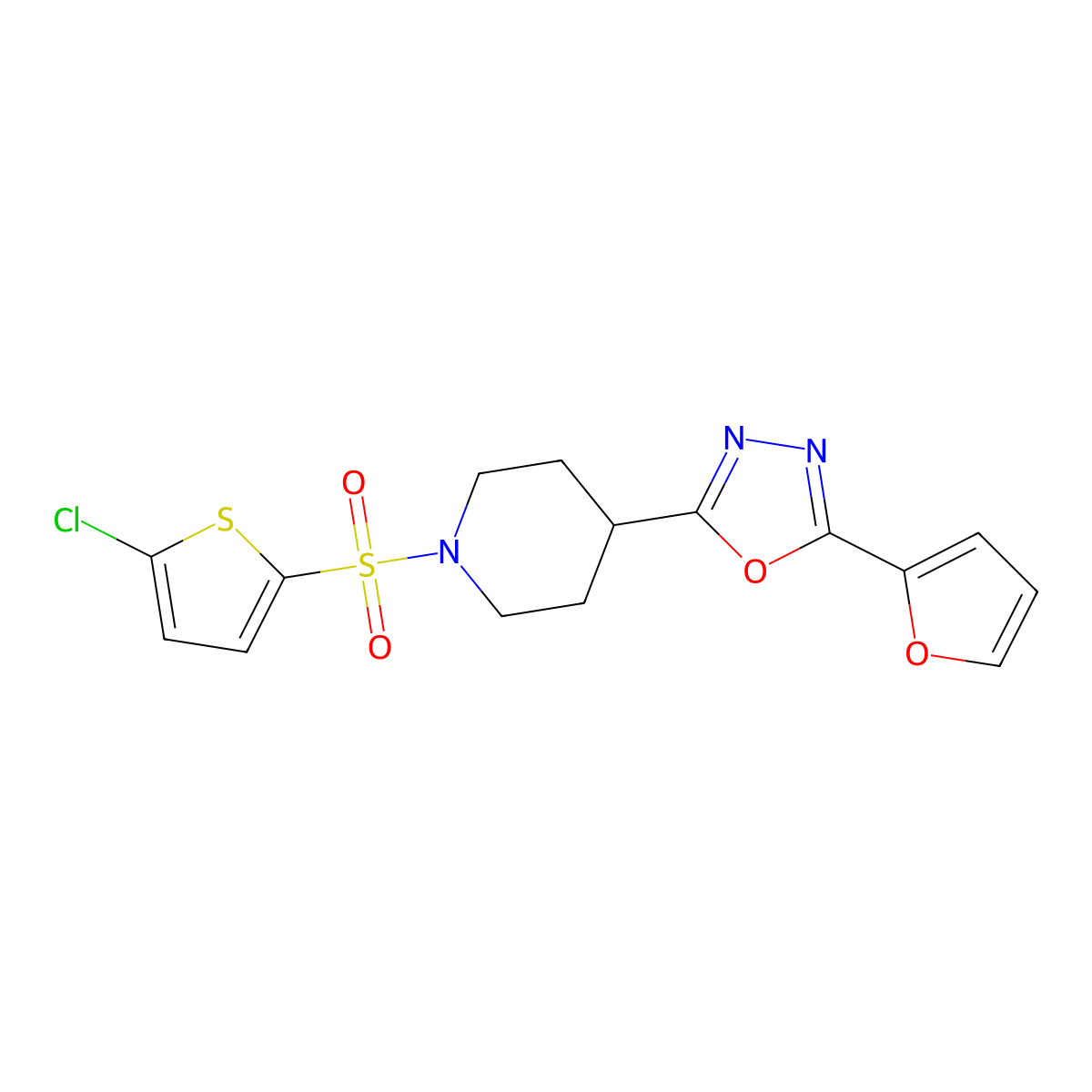 2-(1-((5-Chlorothiophen-2-yl)sulfonyl)piperidin-4-yl)-5-(furan-2-yl)-1,3,4-oxadiazole molecular structure, CAS 1171416-70-8