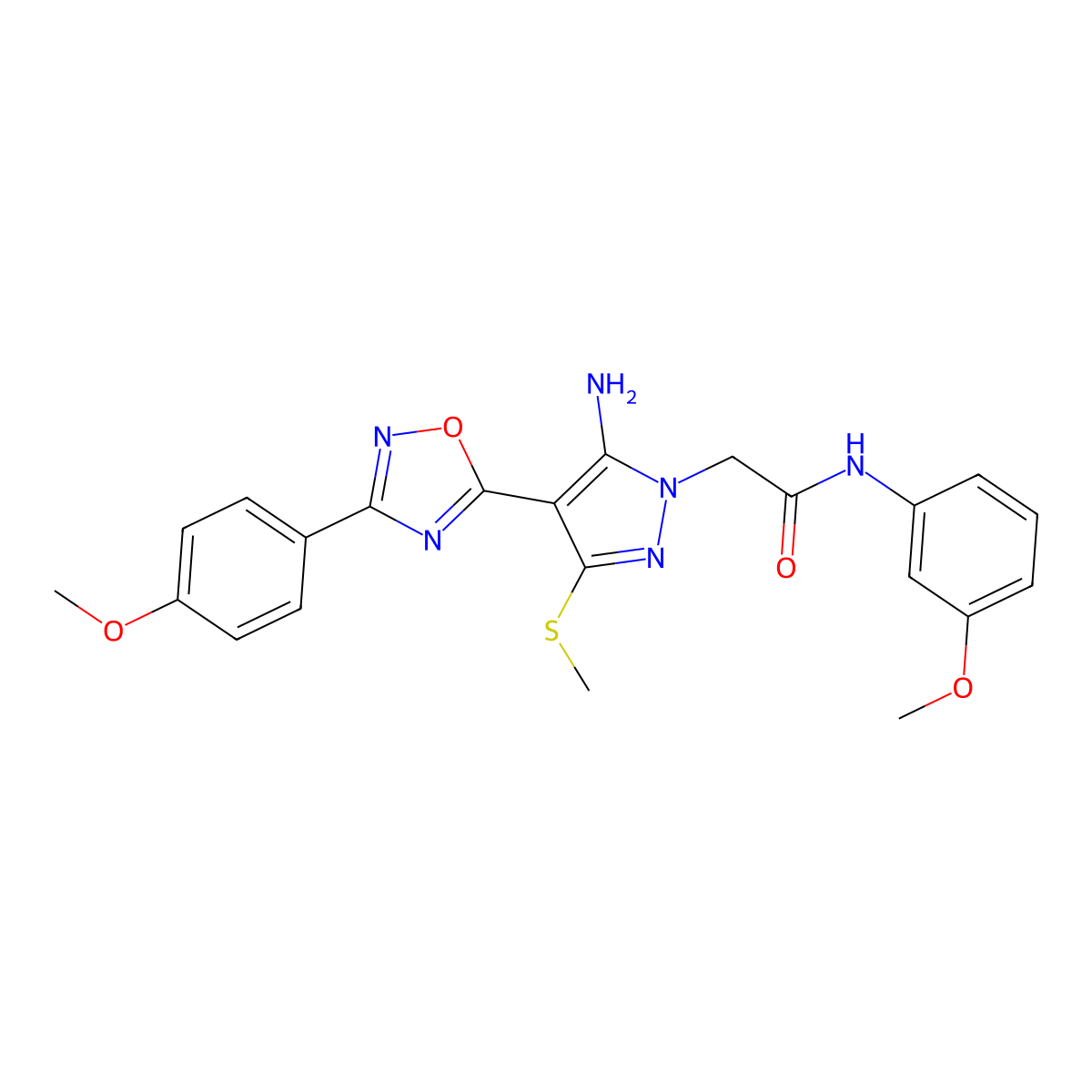 2-{5-amino-4-[3-(4-methoxyphenyl)-1,2,4-oxadiazol-5-yl]-3-(methylsulfanyl)-1H-pyrazol-1-yl}-N-(3-methoxyphenyl)acetamide molecular structure, CAS 1171417-53-0