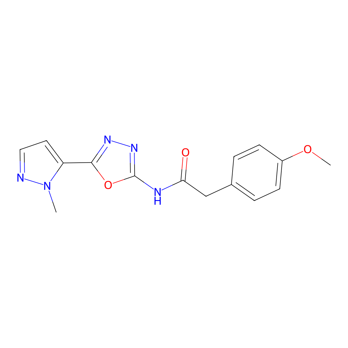2-(4-methoxyphenyl)-N-(5-(1-methyl-1H-pyrazol-5-yl)-1,3,4-oxadiazol-2-yl)acetamide molecular structure, CAS 1171419-10-5