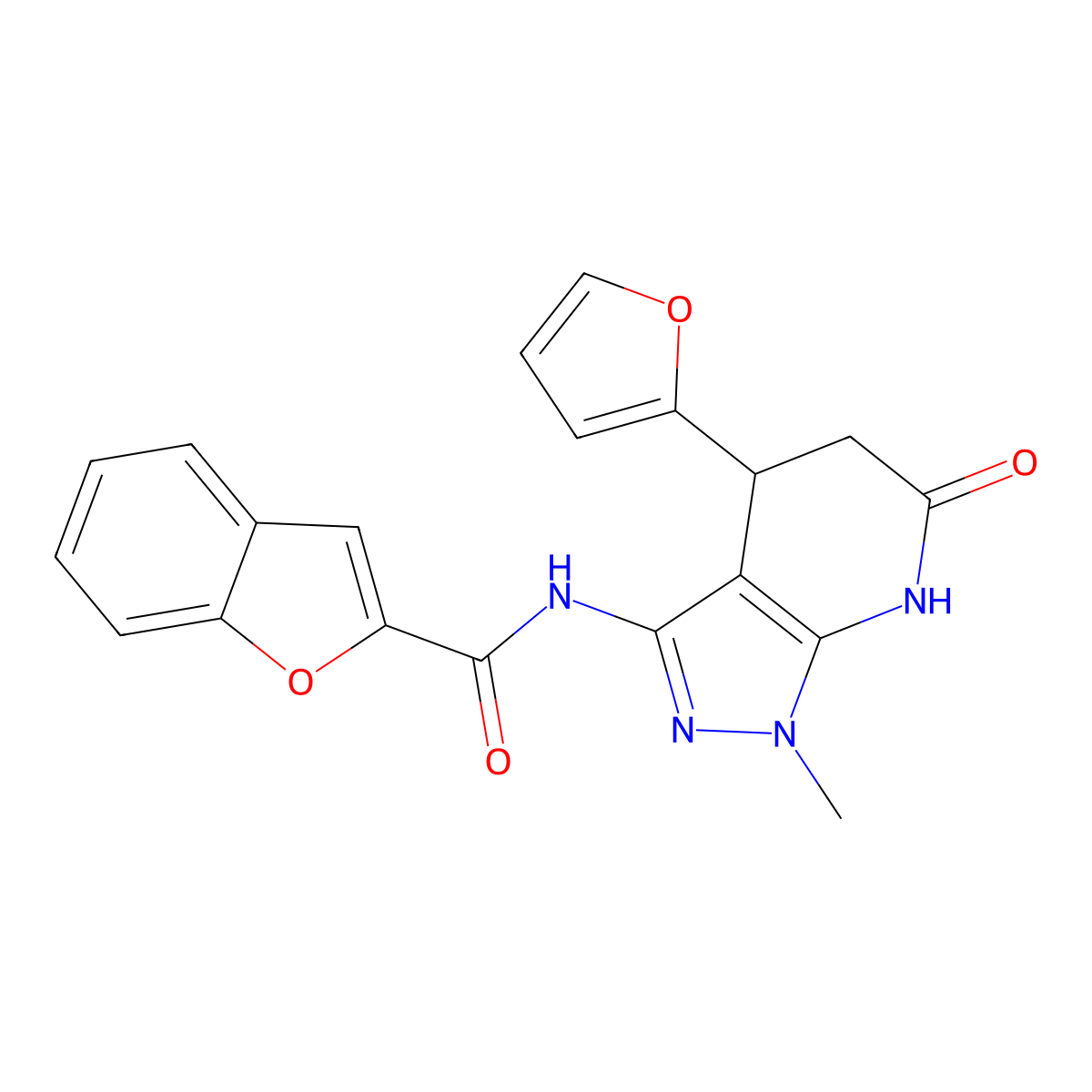 N-(4-(furan-2-yl)-1-methyl-6-oxo-4,5,6,7-tetrahydro-1H-pyrazolo[3,4-b]pyridin-3-yl)benzofuran-2-carboxamide molecular structure, CAS 1171419-68-3