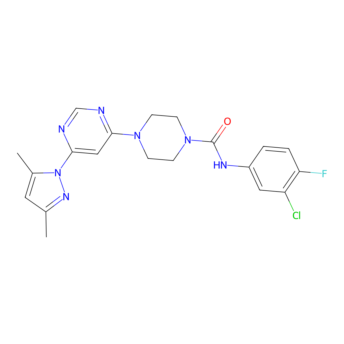 N-(3-chloro-4-fluorophenyl)-4-(6-(3,5-dimethyl-1H-pyrazol-1-yl)pyrimidin-4-yl)piperazine-1-carboxamide molecular structure, CAS 1171419-81-0