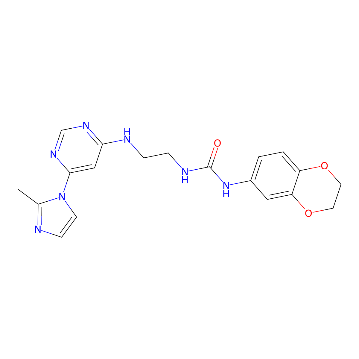 1-(2,3-dihydrobenzo[b][1,4]dioxin-6-yl)-3-(2-((6-(2-methyl-1H-imidazol-1-yl)pyrimidin-4-yl)amino)ethyl)urea molecular structure, CAS 1171422-10-8