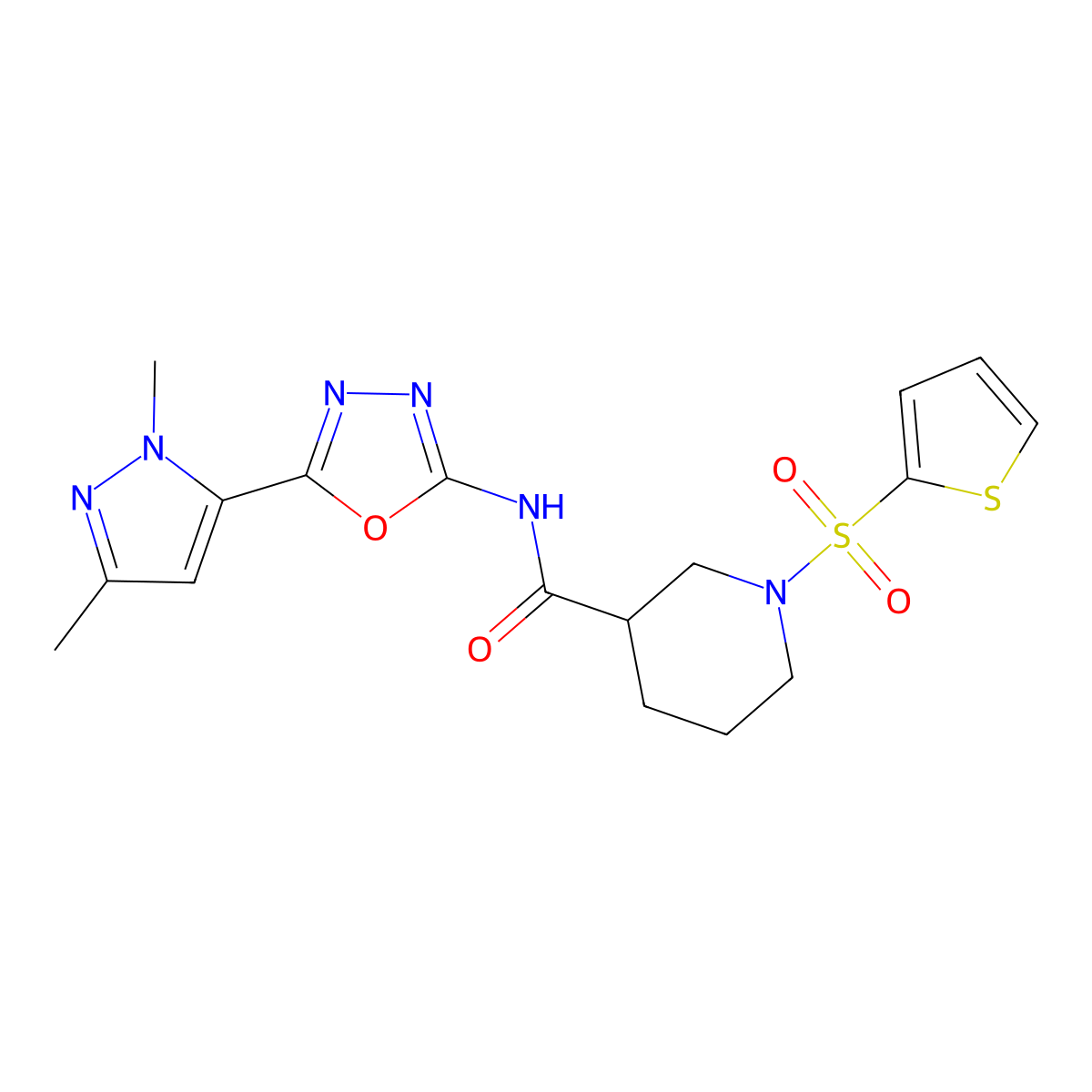 N-(5-(1,3-dimethyl-1H-pyrazol-5-yl)-1,3,4-oxadiazol-2-yl)-1-(thiophen-2-ylsulfonyl)piperidine-3-carboxamide molecular structure, CAS 1171423-60-1